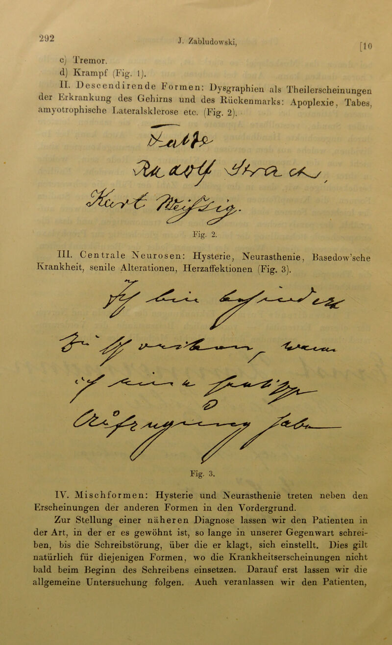 [10 c) Tremor. d) Krampf (Fig. Ij. II. Descendirende Formen: Dysgraphien als Theilerscheinungen der Erkrankung des Gehirns und des Rückenmarks: Apoplexie. Tabes, amyotrophische Lateralsklerose etc. (Fig. 2). Fig. 2. ✓ III. Centrale Neurosen: Hysterie, Neurasthenie, Basedow’sche Krankheit, senile Alterationen, Herzaffektionen (Fig. 3). IV. Mischformen: Hysterie und Neurasthenie treten neben den Erscheinungen der anderen Formen in den Vordergrund. Zur Stellung einer näheren Diagnose lassen wir den Patienten in der Art, in der er es gewöhnt ist, so lange in unserer Gegenwart schrei- ben, bis die Schreibstörung, über die er klagt, sich einstellt. Dies gilt natürlich für diejenigen Formen, wo die Krankheitserscheinungen nicht bald beim Beginn des Schreibens einsetzen. Darauf erst lassen wir die allgemeine Untersuchung folgen. Auch veranlassen wir den Patienten,