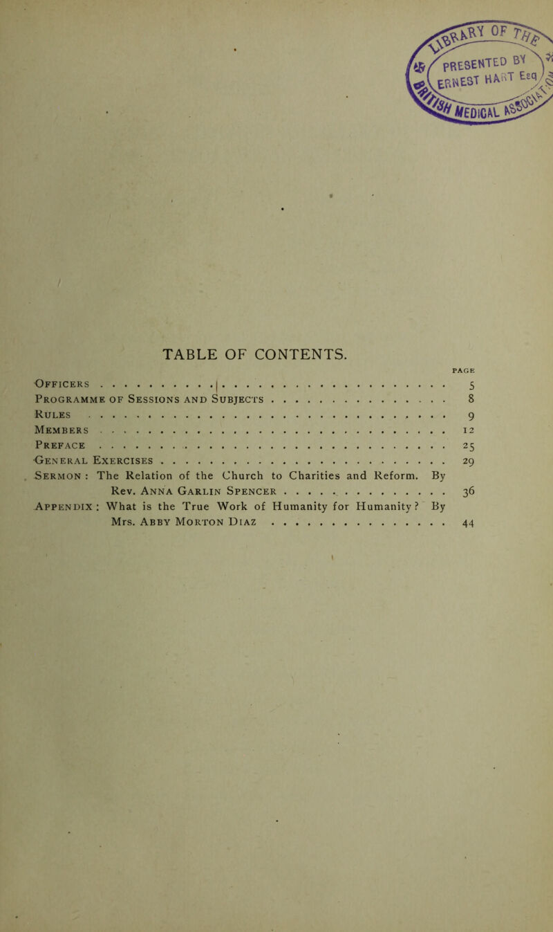 'Presented by ERNEST E TABLE OF CONTENTS. PAGE Officers | . . . 5 Programme of Sessions and Subjects 8 Rules 9 Members 12 Preface 25 •General Exercises 29 Sermon : The Relation of the Church to Charities and Reform. By Rev. Anna Garlin Spencer . . . . 36 Appendix: What is the True Work of Humanity for Humanity? By Mrs. Abby Morton Diaz 44 1