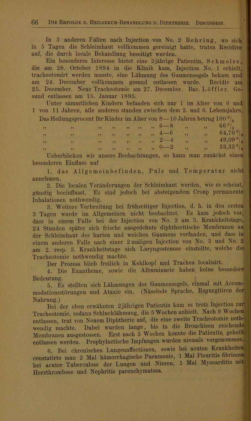 In 3 anderen Fällen nach Injection von No. 2 Behring, wo sich in 5 Tagen die Schleimhaut vollkommen gereinigt hatte, traten Recidive auf, die durch locale Behandlung beseitigt wurden. Ein besonderes Interesse bietet eine 2jährige Patientin, Schmölze^ die am 28. October 1894 in die Klinik kam, Injection No. 1 erhielt, tracheotomirt werden musste, eine Lähmung des Gaumensegels bekam und am 24. December vollkommen gesund entlassen wurde. Recidiv am 25. December. Neue Tracheotomie am 27. December. Bac. Löffler. Ge- sund entlassen am 15. Januar 1895. Unter sämmtlichen Kindern befanden sich nur 1 im Alter von 6 und 1 von 11 Jahren, alle anderen standen zwischen dem 2. und 6. Lebensjahre. Das Heilungsprocent für Kinder im Alter von 8—10 Jahren betrug 100 °/0 77 77 55 51 55 1 5 51 6 8 ,, 77 66 u/0 5 5 5 5 4 fi 5 5 5 5 5 5 5 5 5 5 * u 55 77 64,70 °/a 5 5 55 o 4 5 5 5 5 5 5 5 5 5 5 a * 55 5) 49,09 % 5 5 5 5 0 9 55 5 5 55 55 55 w “ 55 77 33,33 °/0 Ueberblicken wir unsere Beobachtungen, so kann man zunächst einen besonderen Einfluss auf 1. das Allgemeinbefinden, Puls und Temperatur nicht annehmen. 2. Die localen Veränderungen der Schleimhaut werden, wie es scheint, günstig beeinflusst. Es sind jedoch bei absteigendem Croup permanente- Inhalationen nothwendig. 3. Weitere Verbreitung bei frühzeitiger Injection, d. li. in den ersten 3 Tagen wurde im Allgemeinen nicht beobachtet. Es kam jedoch vor, dass in einem Falle bei der Injection von No. 2 am 3. Krankheitstage, 24 Stunden später sich frische ausgedehnte diphtheritische Membranen an der Schleimhaut des harten und weichen Gaumens vorfanden, und dass in einem anderen Falle nach einer 2 maligen Injection von No. 3 und No. 2 am 2. resp. 3. Krankheitstage sich Laryngostenose einstellte, welche die Tracheotomie nothwendig machte. Der Prozess blieb freilich in Kehlkopf und Trachea localisirt. 4. Die Exantheme, sowie die Albuminurie haben keine besondere Bedeutung. [ 5. Es stellten sich Lähmungen des Gaumensegels, einmal mit Accom- modationsstörungen und Ataxie ein. (Näselnde Sprache, Regurgitiren der Nahrung.) , Bei der oben erwähnten 2jährigen Patientin kam es trotz Injection zur Tracheotomie, sodann Schlucklähmung, die 5 Wochen anhielt. Nach 9 Wochen entlassen, trat von Neuem Diphtherie auf, die eine zweite Tracheotomie noth- wendig machte. Dabei wurden lange, bis in die Bronchieen reichende Membranen ausgestossen. Erst nach 3 Wochen konnte die Patientin geheilt, entlassen werden. Prophylactische Impfungen wurden niemals vorgenommen. 6. Bei chronischen Lungenaffectionen, sowie bei acuten Krankheiten, constatirte man 2 Mal hämorrhagische Pneumonie, 1 Mal Pleuritis fibrinosa bei acuter Tuberculose der Lungen und Nieren, 1 Mal Myocarditis mi Herzthrombose und Nephritis parenchymatosa.