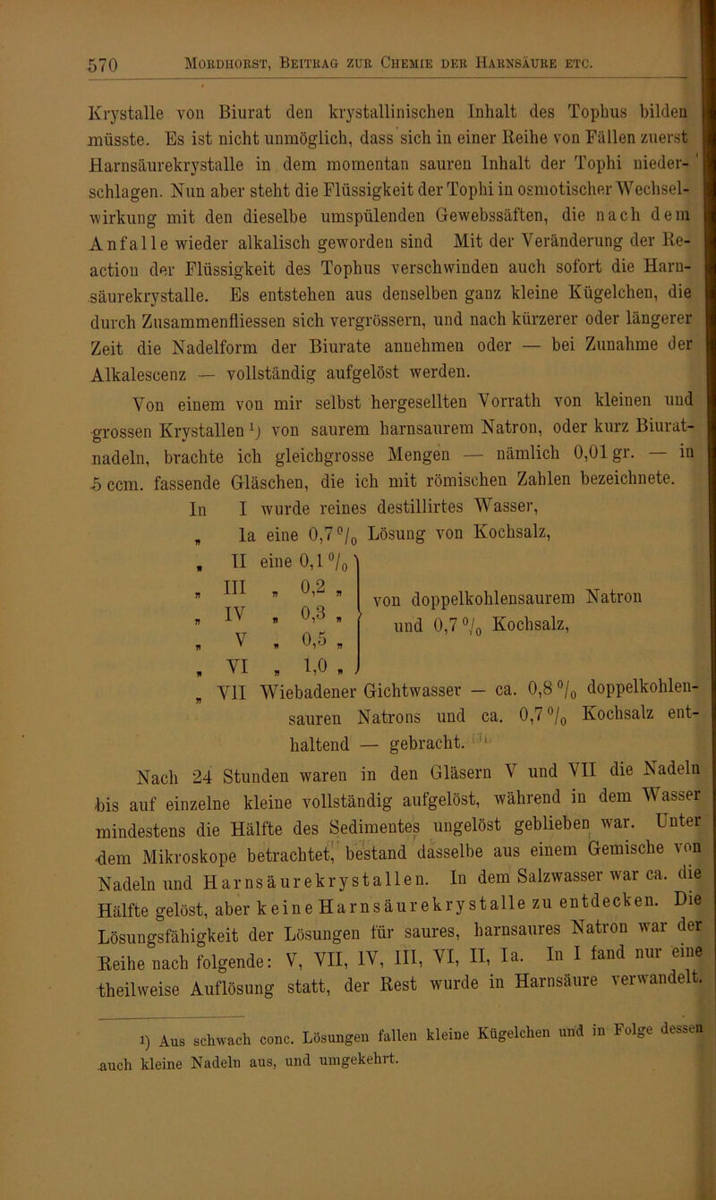 Krystalle von Biurat den krystallinischen Inhalt des Tophus bilden müsste. Es ist nicht unmöglich, dass sich in einer lteihe von Fällen zuerst Harnsäurekrystalle in dem momentan sauren Inhalt der Tophi nieder- ' schlagen. Nun aber steht die Flüssigkeit der Tophi in osmotischer Wechsel- wirkung mit den dieselbe umspülenden Gewebssäften, die nach dem Anfalle wieder alkalisch geworden sind Mit der Veränderung der Iie- action der Flüssigkeit des Tophus verschwinden auch sofort die Harn- säurekrystalle. Es entstehen aus denselben ganz kleine Kügelchen, die durch Zusammenfliessen sich vergrössern, und nach kürzerer oder längerer Zeit die Nadelform der Biurate annehmen oder — bei Zunahme der Alkalescenz — vollständig aufgelöst werden. Von einem von mir selbst hergesellten Vorrath von kleinen und grossen Krvstallen1) von saurem harnsaurem Natron, oder kurz Biurat- nadeln, brachte ich gleicbgrosse Mengen — nämlich 0,01 gr. in 5 ccm. fassende Gläschen, die ich mit römischen Zahlen bezeichnete. In I wurde reines destillirtes Wasser, „ la eine 0,7 °/0 Lösung von Kochsalz, „ II eine 0,1 °/0 III IV V VI 0,2 „ 0,3 , 0,5 „ 1,0 von doppelkohlensaurem Natron und 0,7 % Kochsalz, „ VII Wiebadener Gichtwasser - ca. 0,8 °/0 doppelkohlen- sauren Natrons und ca. 0,7 °/0 Kochsalz ent- haltend — gebracht. iL Nach 24 Stunden waren in den Gläsern V und VII die Nadelu bis auf einzelne kleine vollständig aufgelöst, während in dem Wasser mindestens die Hälfte des Sedimentes ungelöst geblieben war. Unter ■dem Mikroskope betrachtet, bestand dasselbe aus einem Gemische von Nadeln und H a r n s ä u r e k r y s t a 11 e n. In dem Salzwasser war ca. die Hälfte gelöst, aber keine Harnsäurekrystalle zu entdecken. Die Lösungsfähigkeit der Lösungen für saures, harnsaures Natron war der Reihe nach folgende: V, VII, IV, III, VI, II, Ia. In I fand nur eine theilweise Auflösung statt, der Rest wurde in Harnsäure verwandelt. i) Aus schwach conc. Lösungen fallen kleine Kügelchen und in Folge dessen .auch kleine Nadeln aus, und umgekehrt.