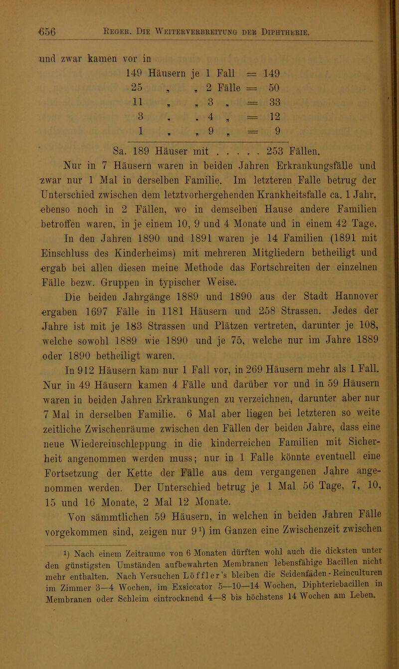 und zwar kamen vor in 149 Häusern je 1 Fall = 149 25 , „ 2 Fälle = 50 11 * » 3 „ 33 3 4 — n « r 12 1 9 — « n v n 9 Sa. 189 Häuser mit 253 Fällen. Nur in 7 Häusern waren in beiden Jahren ErkrankungsfäUe und ■zwar nur 1 Mal in derselben Familie. Im letzteren Falle betrug der Unterschied zwischen dem letztvorhergehenden Krankheitsfalle ca. 1 Jahr, obenso noch in 2 Fällen, wo in demselben Hause andere Familien betroffen waren, in je einem 10, 9 und 4 Monate und in einem 42 Tage. In den Jahren 1890 und 1891 waren je 14 Familien (1891 mit Einschluss des Kinderheims) mit mehreren Mitgliedern betheiligt und ■ergab bei allen diesen meine Methode das Fortschreiten der einzelnen Fälle bezw. Gruppen in typischer Weise. Die beiden Jahrgänge 1889 und 1890 aus der Stadt Hannover ergaben 1697 Fälle in 1181 Häusern und 258 Strassen. Jedes der Jahre ist mit je 183 Strassen und Plätzen vertreten, darunter je 108, welche sowohl 1889 wie 1890 und je 75, welche nur im Jahre 1889 oder 1890 betheiligt wraren. In 912 Häusern kam nur 1 Fall vor, in 269 Häusern mehr als 1 Fall. Nur in 49 Häusern kamen 4 Fälle und darüber vor und in 59 Häusern waren in beiden Jahren Erkrankungen zu verzeichnen, darunter aber nur 7 Mal in derselben Familie. 6 Mal aber liegen bei letzteren so weite zeitliche Zwischenräume zwischen den Fällen der beiden Jahre, dass eine neue Wiedereinschleppung in die kinderreichen Familien mit Sicher- heit angenommen werden muss; nur in 1 Falle könnte eventuell eine Fortsetzung der Kette der Fälle aus dem vergangenen Jahre ange- nommen werden. Der Unterschied betrug je 1 Mal 56 Tage, i, 10, 15 und 16 Monate, 2 Mal 12 Monate. Von sämmtlichen 59 Häusern, in welchen in beiden Jahren Fälle vorgekommen sind, zeigen nur 91) im Ganzen eine Zwischenzeit zwischen Nach einem Zeiträume von 6 Monaten dürften wohl auch die dicksten unter den günstigsten Umständen aufbewahrten Membranen lebensfähige Bacillen nicht mehr enthalten. Nach Versuchen Löf fl er’s bleiben die Seidenläden - Reiucultuien im Zimmer 3—4 Wochen, im Exsiccator 5—10—14 Wochen, Diphteriebacillen in Membranen oder Schleim eintrocknend 4—8 bis höchstens 14 V ochen am Leben.