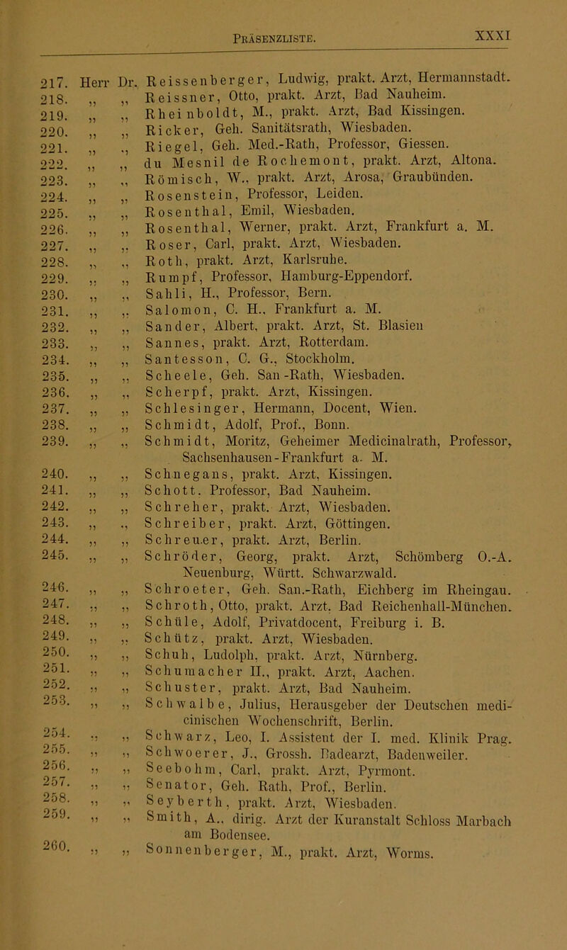 217. 21S. 219. 220. 221. 222. 223. 224. 225. 226. 227. 228. 229. 230. 231. 232. 233. 234. 235. 236. 237. 238. 239. 240. 241. 242. 243. 244. 245. 246. 247. 248. 249. 250. 251. 252. 253. 254. 255. 256. 257. 258. 259. 260. Herr Dr. Reissenberger, Ludwig, prakt. Arzt, Hermannstadt. Reissner, Otto, prakt. Arzt, Bad Nauheim. ” ’’ Rheinboi dt, M., prakt. Arzt, Bad Kissingen. Rick er, Geh. Sanitätsrath, Wiesbaden. Riegel, Geh. Med.-Rath, Professor, Giessen, du Mesnil de Rochemont, prakt. Arzt, Altona. Römisch, W., prakt. Arzt, Arosa, Graubünden. „ „ Rosenstein, Professor, Leiden. ,, „ Rosenthal, Emil, Wiesbaden. ”, ?) Rosenthal, Werner, prakt. Arzt, Frankfurt a. M. ,, ,. Roser, Carl, prakt. Arzt, Wiesbaden. „ „ Roth, prakt. Arzt, Karlsruhe. ,. „ Rumpf, Professor, Hamburg-Eppendorf. „ „ Sahli, H., Professor, Bern. ,, ,. Salomon, C. H., Frankfurt a. M. „ ,, Sander, Albert, prakt. Arzt, St. Blasien „ ,, Sannes, prakt. Arzt, Rotterdam. „ „ Santesson, C. G., Stockholm. „ „ Scheele, Geh. San-Rath, Wiesbaden. ,, ,, Scherpf, prakt. Arzt, Kissingen. „ „ Schlesinger, Hermann, Docent, Wien. „ ,, Schmidt, Adolf, Prof., Bonn. „ „ Schmidt, Moritz, Geheimer Medicinalrath, Professor, Sachsenhausen-Frankfurt a- M. ,, ,, Schn egans, prakt. Arzt, Kissingen. ,, ,, Schott. Professor, Bad Nauheim. „ „ Sehr eh er, prakt. Arzt, Wiesbaden. „ ., Schreiber, prakt. Arzt, Göttingen. „ „ Schreu.er, prakt. Arzt, Berlin. ,, ,, Schröder, Georg, prakt. Arzt, Schömberg O.-A. Neuenburg, Württ. Schwarzwald. ,, ,, Schroeter, Geh. San.-Rath, Eichberg im Rheingau. ,, ,, S ehr o th , Otto, prakt. Arzt, Bad Reichenhall-München. ,, ,, Schtile, Adolf, Privatdocent, Freiburg i. B. ,, „ Schütz, prakt. Arzt, Wiesbaden, j, ,, Schuh, Ludolph, prakt. Arzt, Nürnberg, j, ,, Schumacher II., prakt. Arzt, Aachen, j, „ Schuster, prakt. Arzt, Bad Nauheim. >i Schwalbe, Julius, Herausgeber der Deutschen rnedi- cinisehen Wochenschrift, Berlin. ,, Schwarz, Leo, I. Assistent der I. med. Klinik Prag. ” ,, Sch wo er er, J., Grossh. Badearzt, Badenweiler. :j i, Seebohm, Carl, prakt. Arzt, Pyrmont. ” ,, Senator, Geh. Rath, Prof., Berlin. )> ,i Seyberth, prakt. Arzt, Wiesbaden. ,, „ Smith, A.. dirig. Arzt der Kuranstalt Schloss Marbach am Bodensee. ,, Sonnenberger, M., prakt. Arzt, Worms.