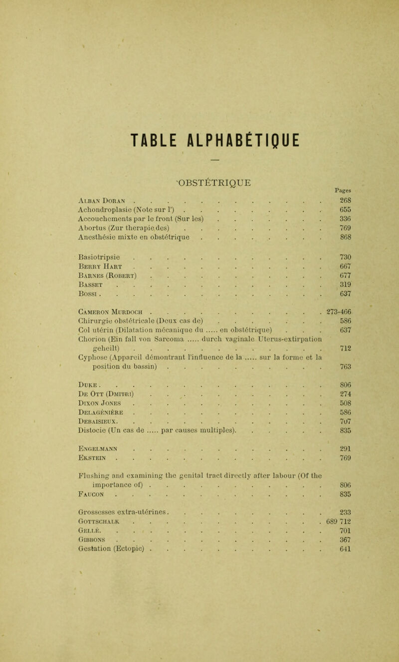 TABLE ALPHABETIQUE 'OBSTÉTRIQUE Pages Alban Doran 268 Achondroplasie (Note sur 1’) 655 Accouchements par le front (Sur les) 336 Abortus (Zur thérapie des) 769 Anesthésie mixte en obstétrique 868 Basiotripsie 730 Berry Hart 667 Barnes (Robert) 677 Basset 319 Bossi 637 Cameron Murdoch 273-466 Chirurgie obstétricale (Deux cas de) 586 Col utérin (Dilatation mécanique du en obstétrique) . . . 637 Chorion (Ein fall von Sarcoma durch vaginale Uterus-extirpation gelieilt) 712 Cyphose (Appareil démontrant l’influence de la sur la forme et la position du bassin) 763 Duke 806 De Ott (Dmitri) 274 Dixon Jones 508 Delagénière 586 Debaisieux 7o7 Distocie (Un cas de par causes multiples) 835 Engelmann 291 Ekstein 769 Flushing and examining the génital tract dircctly after labour (Of the importance of) 806 Faucon 835 Grossesses extra-utérines 233 Gottsciialk 689 712 Geli.é 701 Gibbons 367 Gestation (Ectopic) 641