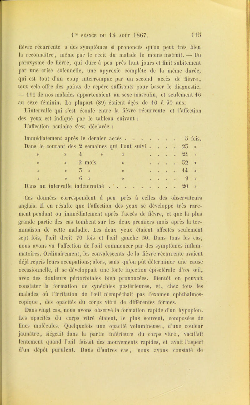 lièvre récurrente a des symptômes si prononcés qu’on peut très bien la reconnaître, même par le récit du malade le moins instruit. — Un paroxysme de lièvre, qui dure à peu près huit jours et finit subitement par une crise solennelle, une apvrexie complète de la même durée, qui est tout d’un coup interrompue par un second accès de fièvre, tout cela oiï're des points de repère suffisants pour baser le diagnostic. — 4H de nos malades appartenaient au sexe masculin, et seulement IG au sexe féminin. La plupart (89) étaient âgés de 10 à 50 ans. L’intervalle qui s’est écoulé entre la fièvre récurrente et l’affection des yeux est indiqué par le tableau suivant : L’affection oculaire s’est déclarée : Immédiatement après le dernier accès . 5 fois. Dans le courant des 2 semaines qui l’ont suivi . . . . 25 )) » » 4 » » ... . 24 ■» » » 2 mois » ... . 52 « B » 5 » » • • • . 14 D B B 6 » » ... . 9 » Dans un intervalle indéterminé • . 20 » Ces données correspondent à peu près à celles des observateurs anglais. Il en résulte que l’affection des yeux se développe très rare- ment pendant ou immédiatement après l’accès de fièvre, et que la plus grande partie des cas tombent sur les deux premiers mois après la ter- minaison de cette maladie. Les deux yeux étaient affectés seulement sept fois, l’œil droit 70 fois et l’œil gauche 50. Dans tous les cas, nous avons vu l’affection de l’œil commencer par des symptômes inflam- matoires. Ordinairement, les convalescents de la fièvre récurrente avaient déjà repris leurs occupations; alors, sans qu’on pût déterminer une cause occasionnelle, il se développait une forte injection épisclérale d’vn œil, avec des douleurs périorbitales bien prononcées. Bientôt on pouvait constater la formation de synéchies postérieures, et, chez tous les malades où l’irritation de l’œil n’empêchait pas l’examen ophthalmos- copique , des opacités du corps vitré de différentes formes. Dans vingt cas, nous avons observé la formation rapide d’un hypopion. Les opacités du corps vitré étaient, le plus souvent, composées de fines molécules. Quelquefois une opacité volumineuse, d’une couleur jaunâtre, siégeait dans la partie inférieure du corps vitré , vacillait lentement quand l’œil faisait des mouvements rapides, et avait l’aspect d’un dépôt purulent. Dans d’autres cas, nous avons constaté de