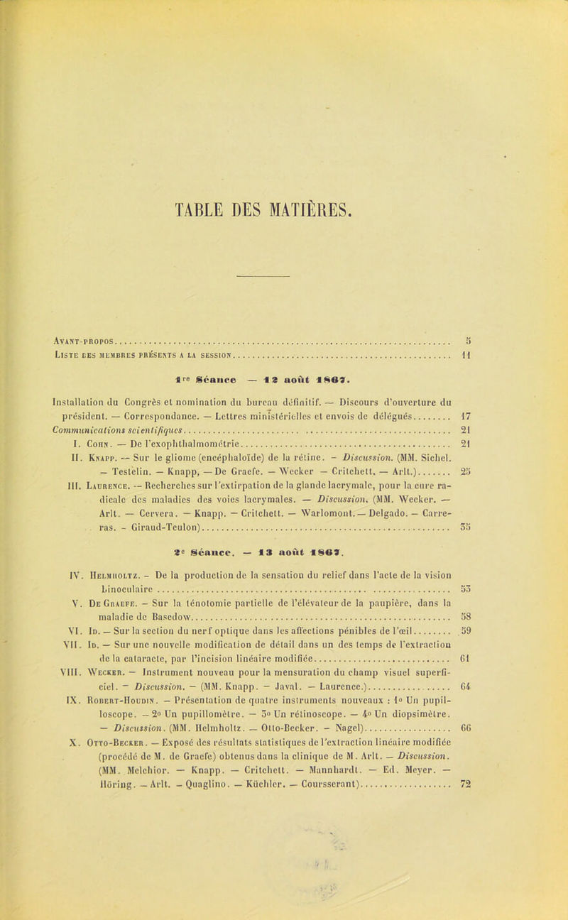 TABLE DES MATIÈRES. Avant-propos S Liste des membres présents a ia session 41 S10 Séance — 13 août 1*03. Installation du Congrès et nomination du bureau définitif. — Discours d’ouverture du président. — Correspondance. — Lettres ministérielles et envois de délégués 17 Communications scientifiques 21 I. Cohn. —De rexoplillialmométrie 21 II. Knapp. — Sur le gliome (encéplialoïde) de la rétine. - Discussion. (MM. Siebel. — Teslclin. — Knapp, —De Graefc. — Wecker — Crilchelt. — Àrlt.) 25 III. Laurence. — Recherches sur l’extirpation de la glande lacrymale, pour la cure ra- dicale des maladies des voies lacrymales. — Discussion. (MM. Wecker. — Arlt. — Cervera. — Knapp. — Crilchelt. — Warlomont. — Delgado. — Carre- ras. - Giraud-Tculon) 55 *<= Séance. — 13 août 1*03. IV. IIelmiioltz. - De la production de la sensation du relief dans l’acte de la vision binoculaire 53 V. De Graepe. - Sur la ténotomie partielle de l’élévaleurde la paupière, dans la maladie de Bascdow 58 VI. Id Sur la section du nerf optique dans les affections pénibles de l'œil 59 VII. Id. — Sur une nouvelle modification de détail dans un des temps de l’extracliou delà cataracte, par l’incision linéaire modifiée G1 VIII. Wecker. — Instrument nouveau pour la mensuration du champ visuel superfi- ciel. - Discussion. — (MM. Knapp. — Javal. — Laurence.) 64 IX. Rorert-IIoudin . — Présentation de quatre instruments nouveaux : 1» Un pupil- loscope. —2» Un pupillomôlrc. — 5» Un rélinoscope. — 4° Un diopsimèlre. — Discussion. (MM. Ilelmhollz. — Otto-Becker. - Nagel) 66 X. Otto-Becker. — Exposé des résultats statistiques de l’extraction linéaire modifiée (procédé de M. de Graefe) obtenus dans la clinique de M. Arlt. — Discussion. (MM. Mclchior. — Knapp. — Critchclt. — Mannhardt. — Ed. Meyer. — llüriug. — Arlt. -Quaglino. — Küchlcr. — Coursscrant) 72