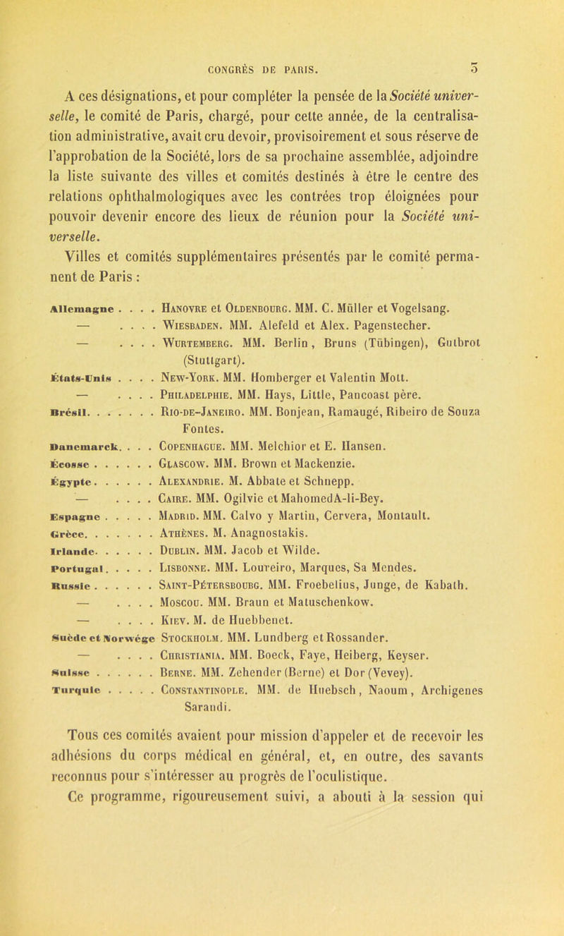 A ces désignations, et pour compléter la pensée de la Société univer- selle, le comité de Paris, chargé, pour celte année, de la centralisa- tion administrative, avait cru devoir, provisoirement et sous réserve de l’approbation de la Société, lors de sa prochaine assemblée, adjoindre la liste suivante des villes et comités destinés à être le centre des relations ophthalmologiques avec les contrées trop éloignées pour pouvoir devenir encore des lieux de réunion pour la Société uni- verselle. Villes et comités supplémentaires présentés par le comité perma- nent de Paris : Allemagne. . . . Hanovre et Oldenbourg. MM. C. Millier et Vogelsang. — .... Wiesbaden. MM. Alefeld et Alex. Pagenstecher. — .... Wurtemberg. MM. Berlin, Bruns (Tübingen), Gutbrot (Stuttgart). États-Unis .... New-York. MM. Homberger et Valentin Mott. — .... Philadelphie. MM. Hays, Little, Pancoast père. nrésil Rio-de-Janeiro. MM. Bonjean, Ramaugé, Ribeiro de Souza Fontes. Dnncmnrck. . . . Copenhague. MM. Melchior et E. Ilansen. Écosse Glascow. MM. Brown et Mackenzie. Égypte Alexandrie. M. Abbate et Schnepp. — .... Caire. MM. Ogilvie et MahoinedA-li-Bey. Espagne Madrid. MM. Calvo y Martin, Cervera, Montault. Grèce Athènes. M. Anagnostakis. Irlande Dublin. MM. Jacob et Wilde. portugui Lisbonne. MM. Loui'eiro, Marques, Sa Mondes. Russie Saint-Pétersboubg. MM. Froebelius, Junge, de Kabath. — .... Moscou. MM. Braun et Maluschenkow. — .... Kiev. M. de Huebbenet. suède etsorwege Stockholm. MM. Lundberg etRossander. .... Christiania. MM. Boeck, Faye, Heiberg, Keyser. Suisse Berne. MM. Zehender (Berne) et Dor(Vevey). Turquie Constantinople. MM. de Iluebsch, Naoum, Archigenes Sarandi. Tous ces comités avaient pour mission d’appeler et de recevoir les adhésions du corps médical en général, et, en outre, des savants reconnus pour s’intéresser au progrès de l’oculistique. Ce programme, rigoureusement suivi, a abouti à la session qui