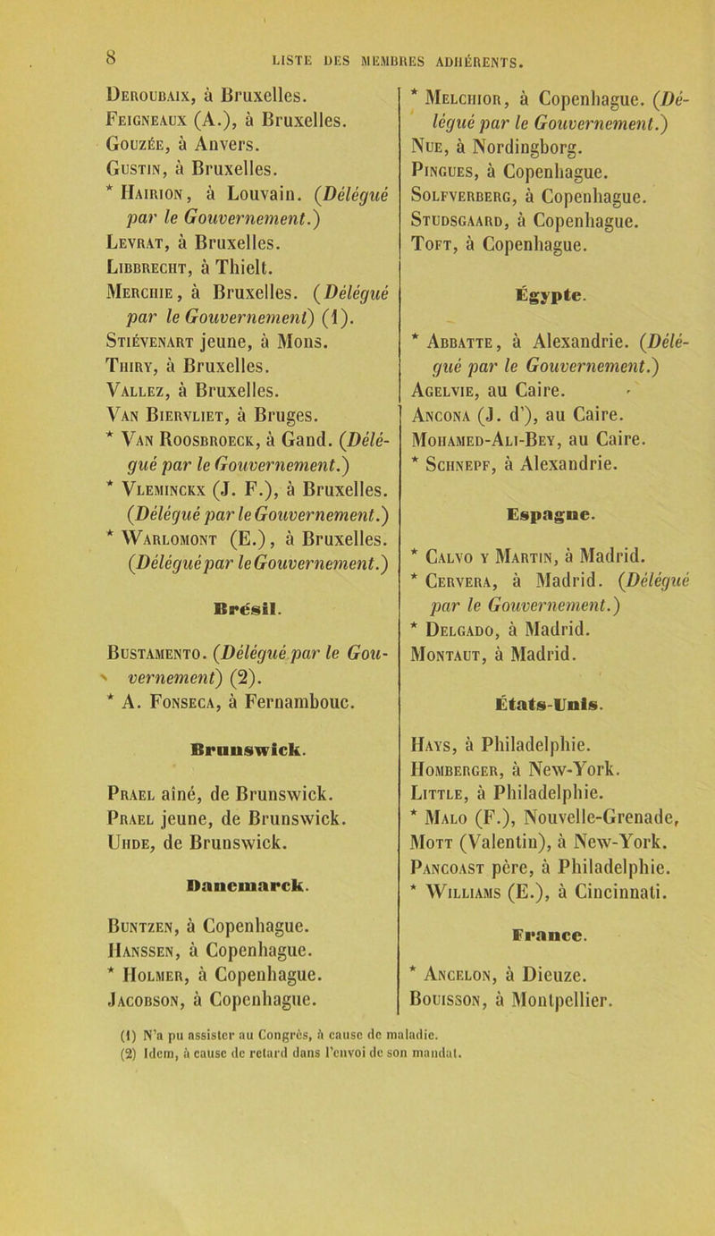 Deroubaix, à Bruxelles. Feigneaux (A.), à Bruxelles. Gouzée, à Anvers. Gustin, à Bruxelles. *IIairion, à Louvain. (Délégué par le Gouvernement.) Levrat, à Bruxelles. Libbreciit, à Thielt. Merchie, à Bruxelles. (Délégué par le Gouvernement) (1). Stiévenart jeune, à Mous. Tiiiry, à Bruxelles. Vallez, à Bruxelles. Van Biervliet, à Bruges. * Van Roosbroeck, à Gand. (Délé- gué par le Gouvernement.) * Vleminckx (J. F.), à Bruxelles. (Délégué par le Gouvernement.) * Warlomont (E.), à Bruxelles. (Déléguépar le Gouvernement.) Brésil. Bustamento. (Délégué par le Gou- ' vernement) (2). * A. Fonseca, à Fernambouc. Brunswick. Prael aîné, de Brunswick. Prael jeune, de Brunswick. Uiide, de Brunswick. Dancmarck. Buntzen, ù Copenhague. Hanssen, à Copenhague. * IIolmer, à Copenhague. Jacobson, à Copenhague. * Melciiior, à Copenhague. (Dé- légué par le Gouvernement.) Nue, à Nordingborg. Pingues, à Copenhague. Solfverberg, à Copenhague. Studsgaard, à Copenhague. Toft, à Copenhague. Égypte. * Abbatte, à Alexandrie. (Délé- gué par le Gouvernement.) Agelvie, au Caire. Ancona (J. d’), au Caire. Moiiamed-Ali-Bey, au Caire. * Sciinepf, à Alexandrie. Espagne. * Calvo y Martin, à Madrid. * Cervera, à Madrid. (Délégué par le Gouvernement.) * Delgado, à Madrid. Montaut, à Madrid. États-Unis. IIays, à Philadelphie. IIomberger, à New-York. Little, à Philadelphie. * Malo (F.), Nouvelle-Grenade, Mott (Valentin), à New-York. Pancoast père, à Philadelphie. * Williams (E.), à Cincinnati. France. * Ancelon, à Dieuze. Bouisson, à Montpellier. (1) N’a pu assister au Congrès, è cause de maladie. (2) Idem, à cause de retard dans l’envoi de son mandat.