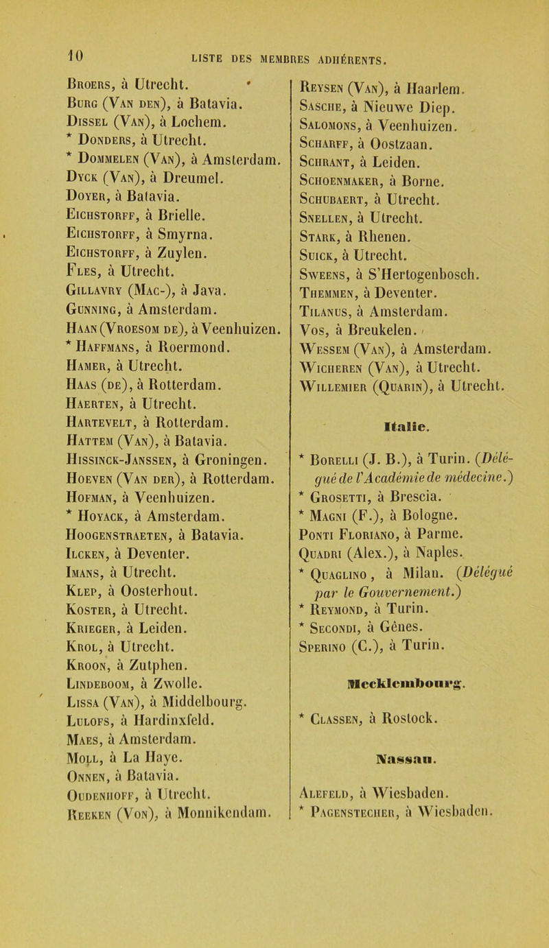 Broers, à Utrecht. Burg (Van den), à Batavia. Dissel (Van), à Locliem. * Donders, à Utrecht. * Dommelen (Van), à Amsterdam. Dyck (Van), à Dreumel. Doyer, à Balavia. Eiciistorff, à Brielle. Eiciistorff, à Smyrna. Eiciistorff, à Zuylen. Fles, à Utrecht. Gillavry (Mac-), à Java. Gunning, à Amsterdam. Haan(Vroesom de), à Veenhuizen. *Haffmans, à Roermond. Hamer, à Utrecht. Haas (de), à Rotterdam. Haerten, à Utrecht. IIartevelt, à Rotterdam. Hattem (Van), à Batavia. Hissinck-Janssen, à Groningen. Hoeven (Van der), à Rotterdam. Hofman, à Veenhuizen. * Hoyack, à Amsterdam. IIoogenstraeten, à Batavia. Ilcren, à Devenler. Imans, à Utrecht. Klep, à Oosterhout. Koster, à Utrecht. Krieger, à Leiden. Krol, à Utrecht. Kroon, à Zutphen. Lindeboom, à Zwollc. Lissa (Van), à Middelbourg. Lulofs, à Hardinxfeld. Maes, ù Amsterdam. Moll, à La Haye. Onnen, à Batavia. Oudeniioff, à Utrecht. Heeken (Von), à Monnikcndam. Reysen (Van), à Haarlem. Sasciie, à Nieuwc Diep. Salomons, à Veenhuizen. Sciiarff, à Oostzaan. Sciirant, à Leiden. SciIOENMAKER, à Borne. Sciiubaert, à Utrecht. Snellen, à Utrecht. Stark, à Rhenen. SmcK, à Utrecht. Sweens, à S’Hertogenbosch. Themmen, à Deventer. Tilanus, à Amsterdam. Vos, à Breukelen. < Wessem (Van), à Amsterdam. Wicheren (Van), à Utrecht. Willemier (Quarin), à Utrecht. Italie. * Borelli (J. B.), à Turin. (Délé- gué de l'Académie de médecine.) * Grosetti, à Brescia. * Magni (F.), à Bologne. Ponti Floriano, à Parme. Quadri (Alex.), à Naples. * Quaglino , à Milan. (Délégué par le Gouvernement.) * Reymond, à Turin. * Secondi, à Gènes. Sperino (C.), à Turin. Itlccklcmbourg. * Classen, à Roslock. hassan. Alefeld, à Wiesbaden. * Pagensteciier, à Wiesbaden.