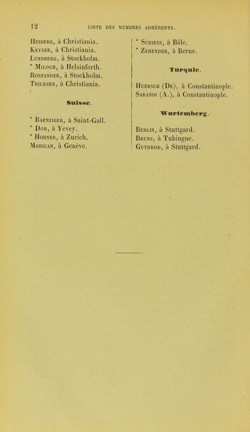 Heiberg, à Christiania. Keyser, à Christiania. Lundberg, à Stockholm. * Schiess, à Bâle. * Zeiiender, à Berne. * Miloch, à Helsinforth. Hossander, à Stockholm. Turquie. Tiiilesen, à Christiania. Suisse. Huebsch (De), à Constantinople. Sarandi (A.), à Constantinople. * Baenziger, à Saint-Gall. Wurtemberg. * 1)or, à Yevey. * Horner, à Zurich. Morican, à Genève. Berlin, à Stutlgard. Bruns, à Tubingue. Gutdrod, à Stuttgart!.