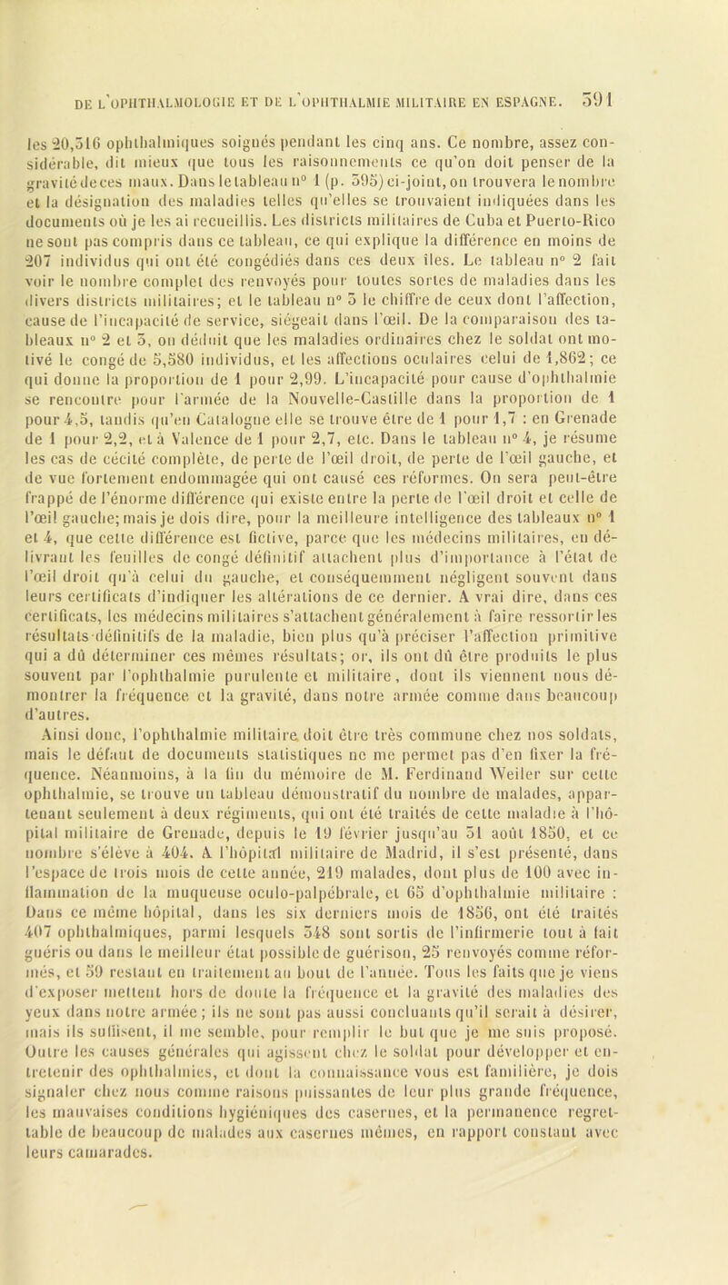 les 20,516 oplitlialmiques soignés pendant les cinq ans. Ce nombre, assez con- sidérable, dit mieux que tous les raisonnements ce qu’on doit penser de la gravitédeces maux. Dans lelableau n° 1 (p. 595) ci-joint, on trouvera le nombre et la désignation des maladies telles qu’elles se trouvaient indiquées dans les documents où je les ai recueillis. Les districts militaires de Cuba et Puerlo-Rico ne soûl pas compris dans ce tableau, ce qui explique la différence en moins de 207 individus qui ont été congédiés dans ces deux îles. Le tableau n° 2 fait voir le nombre complet des renvoyés pour toutes sortes de maladies dans les divers districts militaires; et le tableau n° 5 le chiffre de ceux dont l’affection, cause de l’ineapacilé de service, siégeait dans l’œil. De la comparaison des ta- bleaux u° 2 et 5, on déduit que les maladies ordinaires chez le soldat ont mo- tivé le congé de 5,580 individus, et les affections oculaires celui de 1,862; ce qui donne la proportion de 1 pour 2,99. L’incapacité pour cause d’opbthalmie se rencontre pour l’armée de la Nouvelle-Castille dans la proportion de 1 pour 4,5, tandis qu’en Catalogue elle se trouve être de 1 pour 1,7 : en Grenade de 1 pour 2,2, et à Valence de 1 pour 2,7, etc. Dans le tableau n° 4, je résume les cas de cécité complète, de perle de l’œil droit, de perte de l’œil gauche, et de vue fortement endommagée qui ont causé ces réformes. On sera peut-être frappé de l’énorme différence qui existe entre la perte de l’œil droit et celle de l’œi! gauche; mais je dois dire, pour la meilleure intelligence des tableaux n° 1 et 4, que celle différence est fictive, parce que les médecins militaires, en dé- livrant les feuilles de congé définitif attachent plus d’importance à l’état de l’œil droit qu’à celui du gauche, et conséquemment négligent souvent dans leurs certificats d’indiquer les altérations de ce dernier. A vrai dire, dans ces certificats, les médecins militaires s’attachent généralement à faire ressortir les résultats-déllnitifs de la maladie, bien plus qu’à préciser l’affection primitive qui a dû déterminer ces mêmes résultats; or, ils ont dû être produits le plus souvent par l’ophthalmie purulente et militaire, dont ils viennent nous dé- montrer la fréquence et la gravité, dans notre armée comme dans beaucoup d’autres. Ainsi donc, I’ophthalmie militaire,doit être très commune chez nos soldats, mais le défaut de documents statistiques ne me permet pas d’en fixer la fré- quence. Néanmoins, à la fin du mémoire de M. Ferdinand Weiler sur celle ophthalmie, se trouve un tableau démonstratif du nombre de malades, appar- tenant seulement à deux régiments, qui ont été traités de cette maladie à l’hô- pital militaire de Grenade, depuis le 19 février jusqu’au 51 août 1850, et ce nombre s’élève à 404. A l’hôpital militaire de Madrid, il s’est présenté, dans l’espace de trois mois de celle année, 219 malades, dont plus de 100 avec in- flammation de la muqueuse oculo-palpébrale, et 65 d’ophlhalmie militaire : Dans ce même hôpital, dans les six derniers mois de 1856, ont été traités 407 oplitlialmiques, parmi lesquels 548 sont sortis de l’infirmerie tout à fait guéris ou dans le meilleur état possible de guérison, 25 renvoyés comme réfor- més, et 59 restant en traitement au bout de l’année. Tous les faits que je viens d’exposer mettent hors de doute la fréquence et la gravité des maladies des yeux dans notre armée ; ils ne sont pas aussi concluants qu’il serait à désirer, mais ils su (lisent, il me semble, pour remplir le but que je me suis proposé. Outre les causes générales qui agissent chez le soldat pour développer et en- tretenir des ophlhalmies, et dont la connaissance vous est familière, je dois signaler chez nous comme raisons puissantes de leur plus grande fréquence, les mauvaises conditions hygiéniques des casernes, et la permanence regret- table de beaucoup de malades aux casernes mêmes, en rapport constant avec leurs camarades.