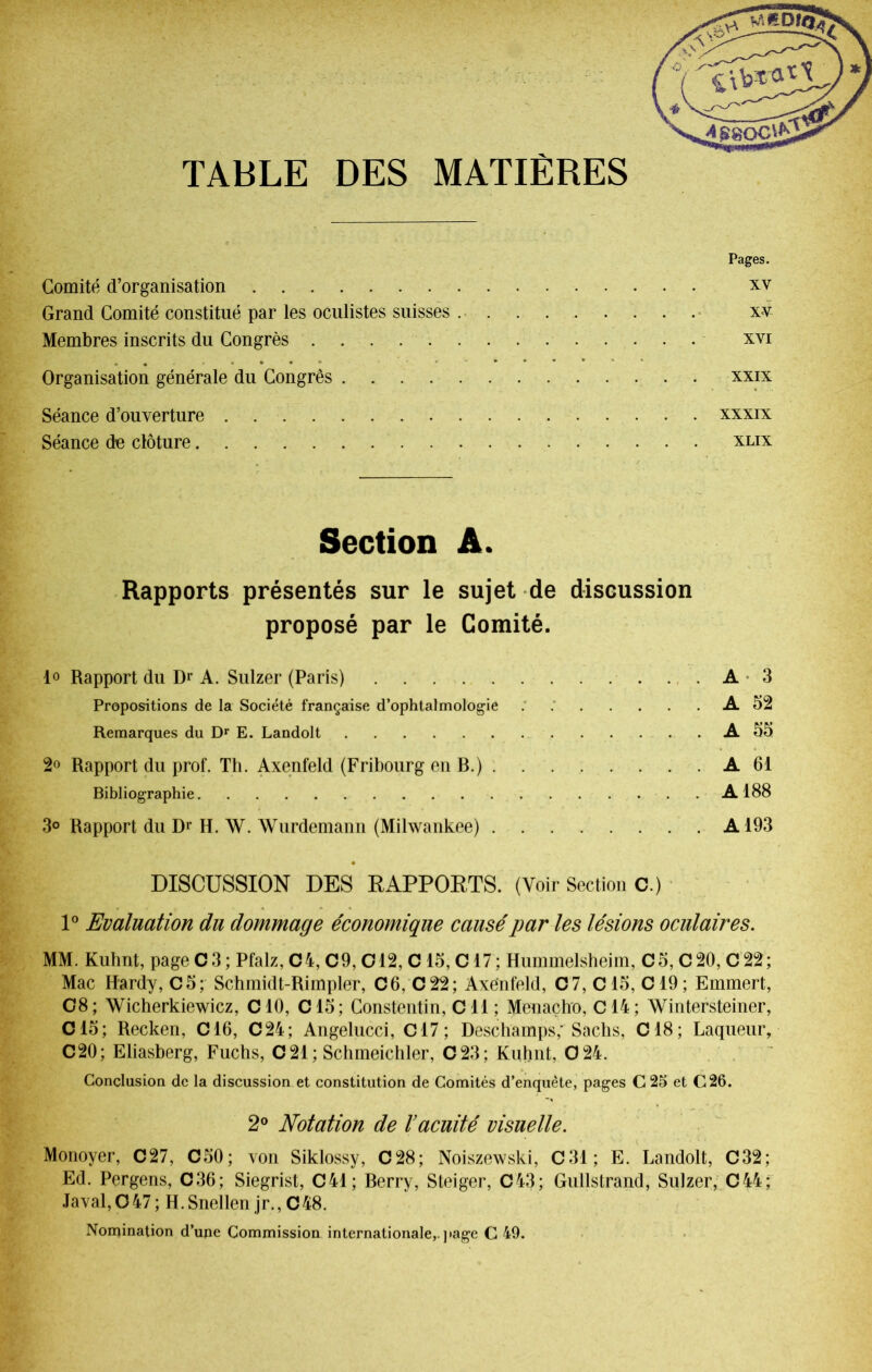TABLE DES MATIÈRES Pages. Comité d’organisation xv Grand Comité constitué par les oculistes suisses xâ Membres inscrits du Congrès xvi Organisation générale du Congrès xxix Séance d’ouverture xxxix Séance do clôture xlix Section A. Rapports présentés sur le sujet de discussion proposé par le Comité. 1° Rapport du Dr A. Sulzer (Paris) A3 Propositions de la Société française d’ophtalmologie A 52 Remarques du Dr E. Landolt A 55 2o Rapport du prof. Th. Axenfeld (Fribourg en B.) A 61 Bibliographie A 188 3° Rapport du D»’ H. W. Wurdemann (Milwankee) A193 DISCUSSION DES RAPPORTS. (Voir Section C.) 1° Evaluation du dommage économique causé par les lésions oculaires. MM. Kuhnt, page C 3 ; Pfalz, C4, C9,C12, C 15, C17 ; Hummelsheim, C5, C20, C 22; Mac Hardy, C5; Schmidt-Rimpler, C6, C22; Axenfeld, C7, C15, C19; Emmert, C8; Wicherkiewicz, CIO, C15; Constentin, Cil ; Menaçhro, C14; Wintersteiner, C15; Recken, C16, C24; Angelucci, C17; Deschamps; Sachs, C18; Laqueur, C20; Eliasberg, Fuchs, C21; Schmeichler, 023; Kuhnt, 024. Conclusion de la discussion et constitution de Comités d’enquête, pages C 25 et G 26. 2° Notation de l’acuité visuelle. Monoyer, C27, C50; von Siklossy, C28; Noiszewski, C31; E. Landolt, C32; Ed. Pergens, C36; Siegrist, C41; Berry, Steiger, C43; Gullstrand, Sulzer, C44; Javal,047; H. Snellen jr., C48.