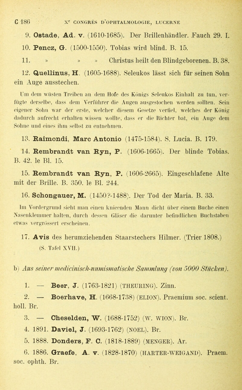 9. Ostade, Ad. v. (1610-1685). Der Brillenhändler. .Fauch 29. I. 10. Pencz, G. (1500-1550). Tobias wird blind. B. 15. 11. » » » Christus heilt den Blindgeborenen. B. 38. 12. Quellinus, H. (1605-1688). Seleukos lässt sich für seinen Sohn ein Auge ausstechen. Um dem wüsten Treiben an dem Hofe des Königs Seleukos Einhalt zu tun, ver- fügte derselbe, dass dem Verführer die Augen ausgestochen werden sollten. Sein eigener Sohn war der erste, welcher diesem Gesetze verfiel, welches der König dadurch aufrecht erhalten wissen wollte, dass er die Richter bat, ein Auge dem Sohne und eines ihm selbst zu entnehmen. 13. Raimondi, Marc Antonio (1475-1584). S. Lucia. B. 179. 14. Rembrandt van Ryn, P. (1606-1665). Der blinde Tobias. B. 42. le Bl. 15. 15. Rembrandt van Ryn, P. (1606-2665). Eingeschlafene Alte mit der Brille. B. 350. le Bl. 244. 16. Schongauer, M. (1450 M488). Der Tod der Maria. B. 33. Im Vordergrund sieht man einen knieenden Mann dicht über einem Buche einen Nasenklemmer halten, durch dessen Gläser die darunter befindlichen Buchstaben etwas vergrössert erscheinen. 17. Avis des herumziehenden Staarstechers Bdlmer. (Trier 1808.) (S. Tafel XVII.) b) Aus seiner medicinisch-nnmismatische Sammlung (von 5000 Stücken). 1. — Beer, J. (1763-1821) (THEURING). Zinn. 2. — Boerhave, H. (1668-1738) (ELION). Praemium soc. scient, holl. Br. 3. — Cheselden, W. (1688-1752) (W. WION). Br. 4. 1891. Daviel, J. (1693-1762) (NOEL). Br. 5. 1888. Donders, F. C. (1818-1889) (MENGER). Ar. 6. 1886. Graefe, A. v. (1828-1870) (HARTER-WEIGAND). Praem. soc. ophth. Br.