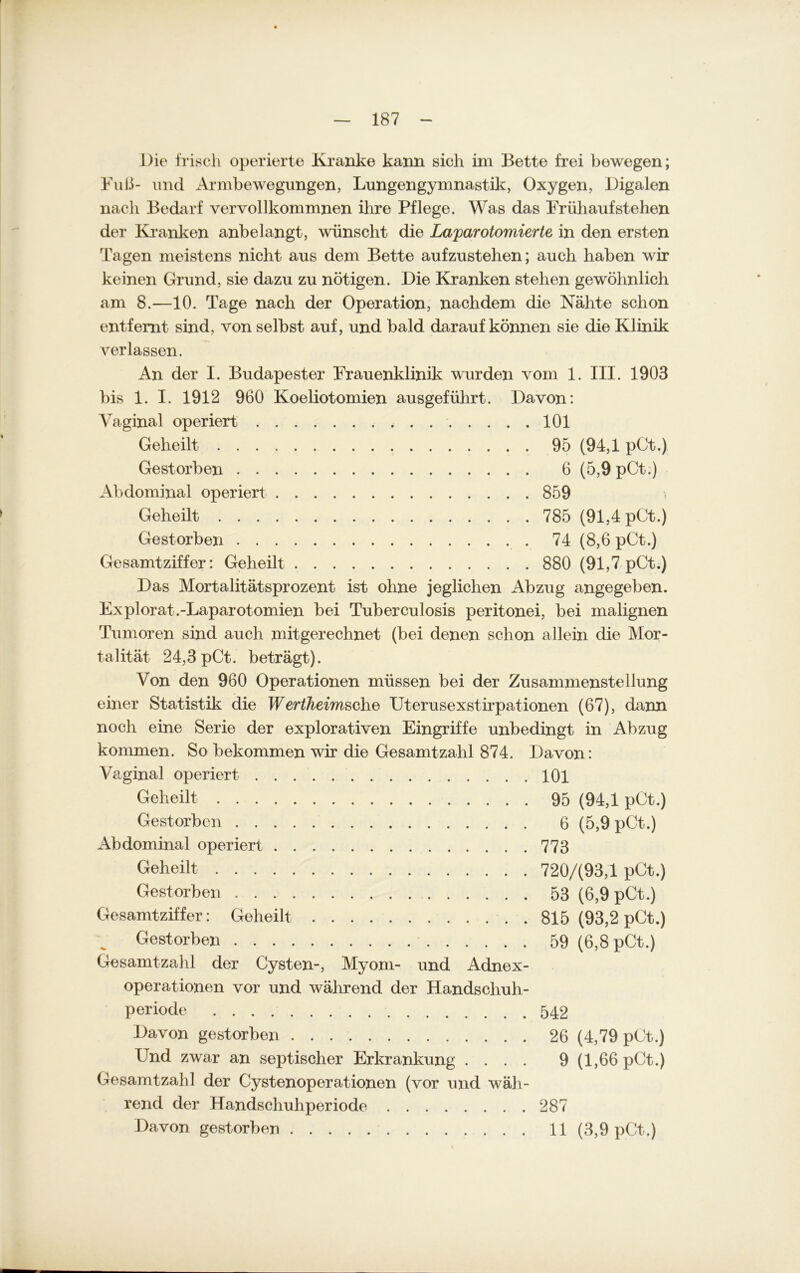 Die frisch operierte Kranke kann sich im Bette frei bewegen; Fuß- und Armbewegungen, Lungengymnastik, Oxygen, Digalen nach Bedarf vervollkommnen ihre Pflege. Was das Frühaufstehen der Kranken anbelangt, wünscht die Laparotomierte in den ersten Tagen meistens nicht aus dem Bette aufzustehen; auch haben wir keinen Grund, sie dazu zu nötigen. Die Kranken stehen gewöhnlich am 8.—10. Tage nach der Operation, nachdem die Nähte schon entfernt sind, von selbst auf, und bald darauf können sie die Klinik verlassen. An der I. Budapester Frauenklinik wurden vom 1. III. 1903 bis 1. I. 1912 960 Koeliotomien ausgeführt. Davon: Vaginal operiert 101 Geheilt 95 (94,1 pCt.) Gestorben 6 (5,9 pCt.) Abdominal operiert 859 Geheilt 785 (91,4 pCt.) Gestorben 74 (8,6 pCt.) Gesamtziffer: Geheilt 880 (91,7 pCt.) Das Mortalitätsprozent ist ohne jeglichen Abzug angegeben. Ex plorat .-Laparotomien bei Tuberculosis peritonei, bei malignen Tumoren sind auch mitgerechnet (bei denen schon allein die Mor- talität 24,3 pCt. beträgt). Von den 960 Operationen müssen bei der Zusammenstellung einer Statistik die Wertheimsche Uterusexstirpationen (67), dann noch eine Serie der explorativen Eingriffe unbedingt in Abzug kommen. So bekommen wir die Gesamtzahl 874. Davon: Vaginal operiert . . 101 Geheilt 95 (94,1 pCt.) Gestorben 6 (5,9 pCt.) Abdominal operiert 773 Geheilt 720/(93,1 pCt.) Gestorben 53 (6,9 pCt.) Gesamtziffer: Geheilt . 815 (93,2 pCt.) Gestorben 59 (6,8 pCt.) Gesamtzahl der Cysten-, Myom- und Adnex- operationen vor und während der Handschuh- periode 542 Davon gestorben 26 (4,79 pCt.) Und zwar an septischer Erkrankung . . . . 9 (1,66 pCt.) Gesamtzahl der Cystenoperationen (vor und wäh- rend der Handschuhperiode 287 Davon gestorben 11 (3,9 pCt.)