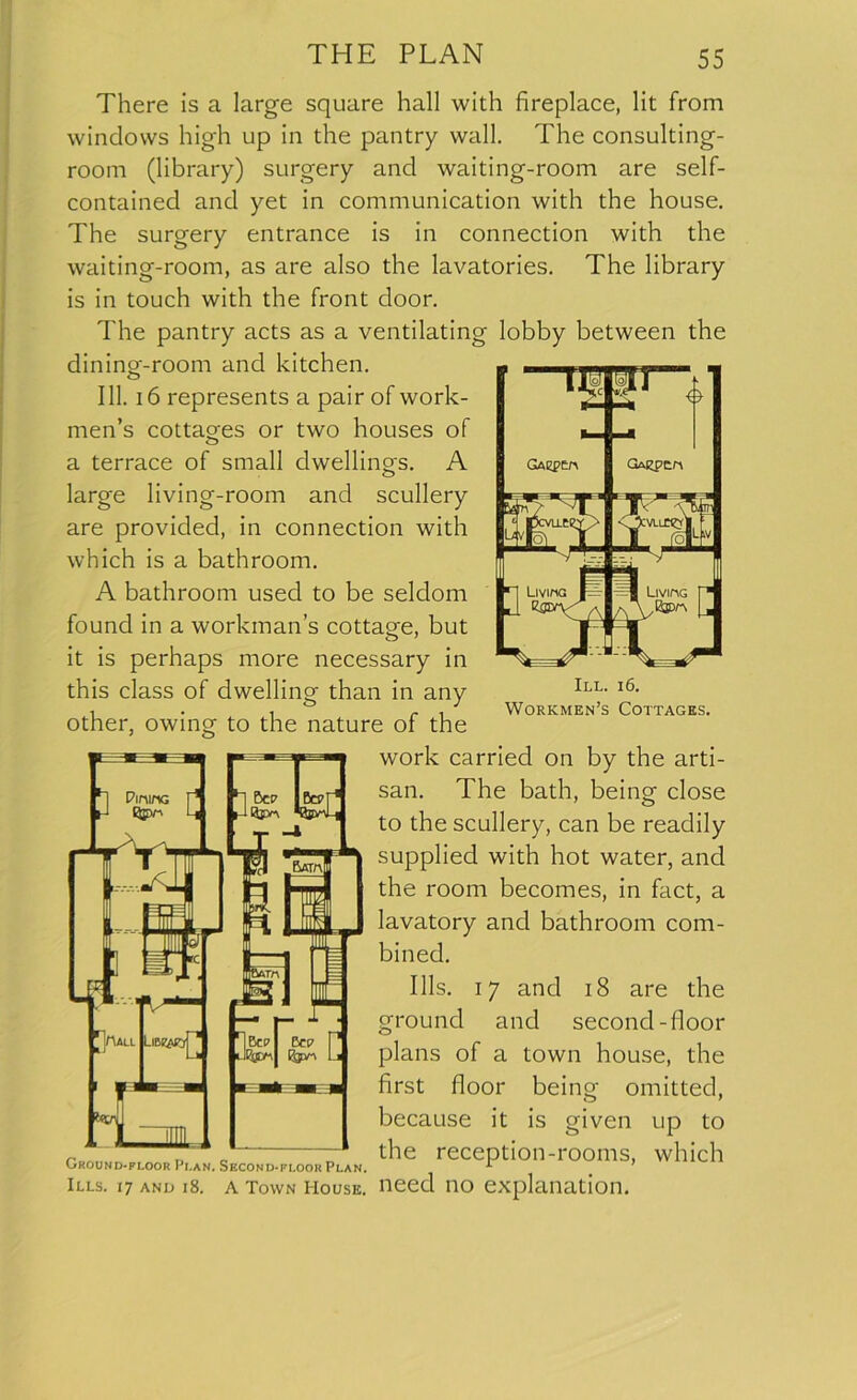 There is a large square hall with fireplace, lit from windows high up in the pantry wall. The consulting- room (library) surgery and waiting-room are self- contained and yet in communication with the house. The surgery entrance is in connection with the waiting-room, as are also the lavatories. The library is in touch with the front door. The pantry acts as a ventilating lobby between the dining-room and kitchen. 111. 16 represents a pair of work- men’s cottages or two houses of a terrace of small dwellings. A large living-room and scullery are provided, in connection with which is a bathroom. A bathroom used to be seldom found in a workman’s cottage, but it is perhaps more necessary in this class of dwelling than in any other, owing to the nature of the III. 16. Workmen’s Cottages. *1 PininG i- -1 L| h £>cp JecpF1 T work carried on by the arti- san. The bath, being close to the scullery, can be readily supplied with hot water, and the room becomes, in fact, a lavatory and bathroom com- bined. Ills. 17 and 18 are the ground and second-floor C plans of a town house, the first floor being omitted, because it is given up to the reception-rooms, which Ground-floor Plan. Second-floor Plan. Ills. 17 and 18. A Town House, need HO explanation.