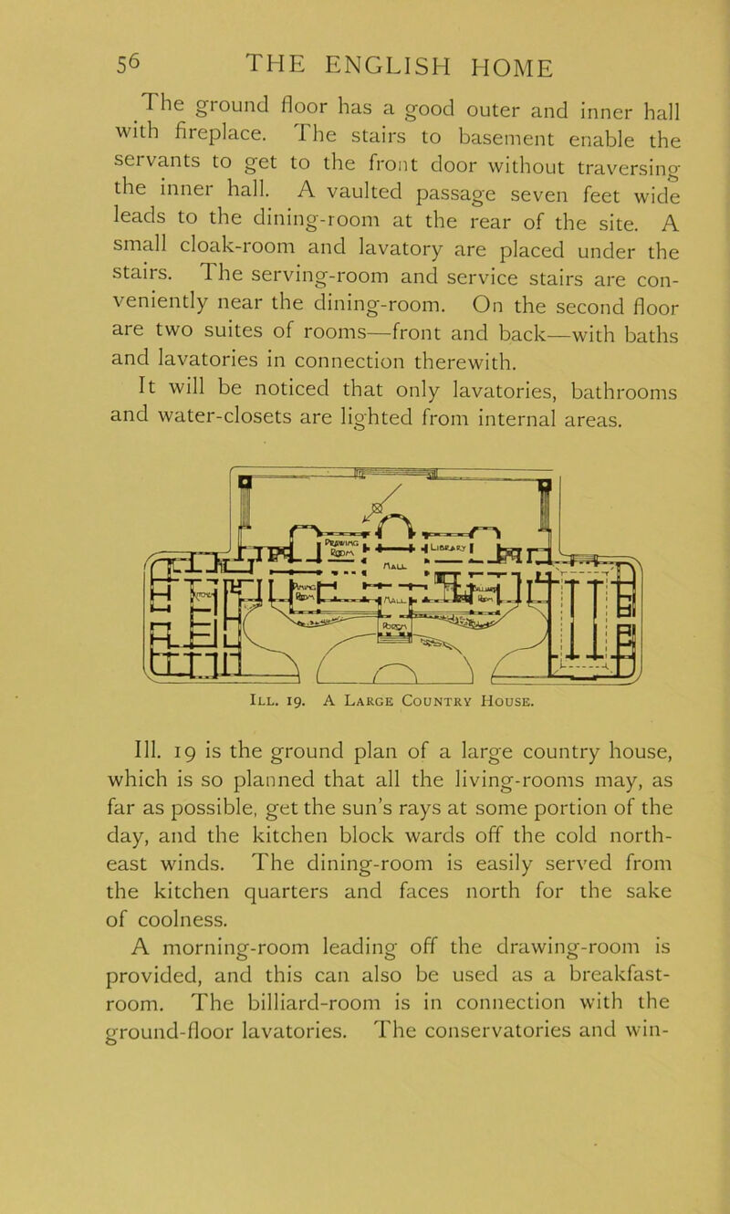 The ground floor has a good outer and inner hall with fireplace. I he stairs to basement enable the servants to get to the front door without traversing the inner hall. A vaulted passage seven feet wide leads to the dining-room at the rear of the site. A small cloak-room and lavatory are placed under the stairs. The serving-room and service stairs are con- veniently near the dining-room. On the second floor are two suites of rooms—front and back—with baths and lavatories in connection therewith. It will be noticed that only lavatories, bathrooms and water-closets are lighted from internal areas. 111. 19 is the ground plan of a large country house, which is so planned that all the living-rooms may, as far as possible, get the sun’s rays at some portion of the day, and the kitchen block wards off the cold north- east winds. The dining-room is easily served from the kitchen quarters and faces north for the sake of coolness. A morning-room leading off the drawing-room is provided, and this can also be used as a breakfast- room. The billiard-room is in connection with the ground-floor lavatories. The conservatories and win-