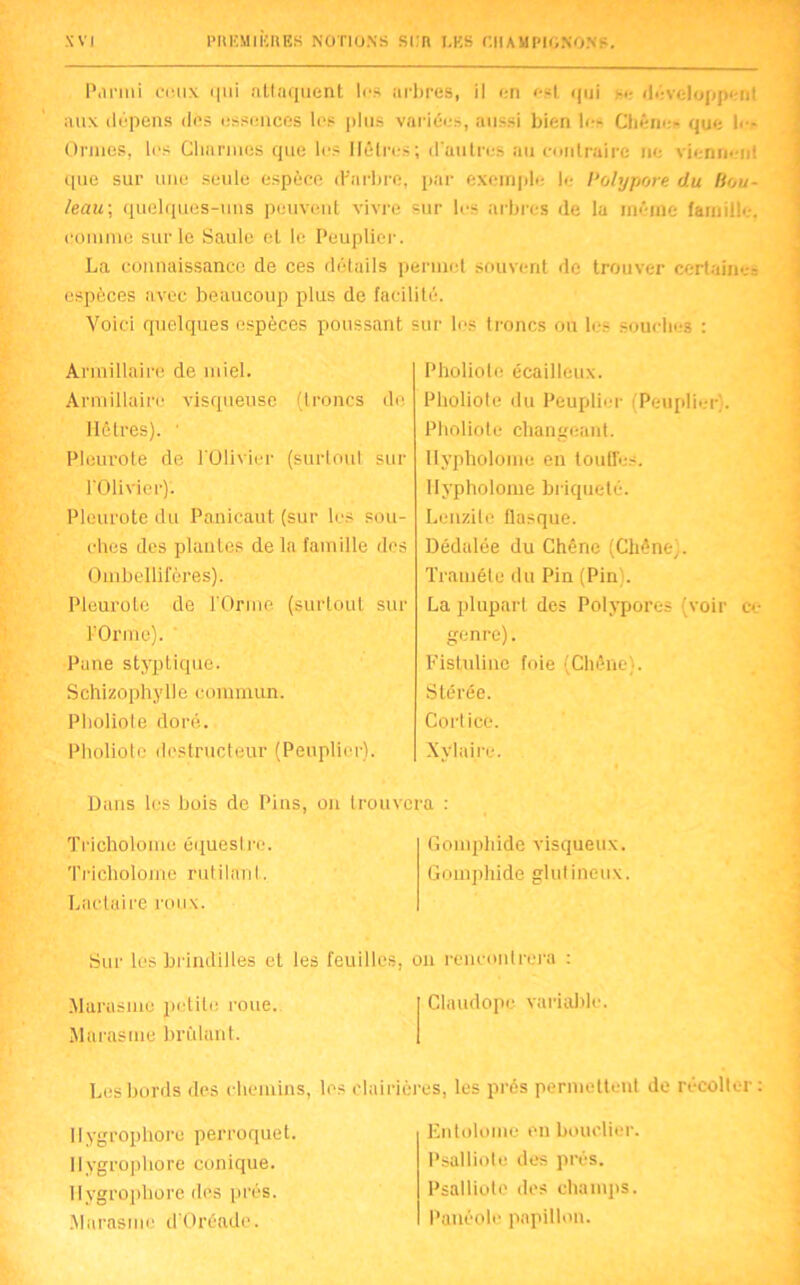Parmi ceux qui attaquent lus arbres, il en est qui ... développée! aux dépens dos essences les plus variées, aussi bien le- Chêne-- que !•-- Ormes, les Charmes que les Hêtres; d'autres au contraire ne viennent que sur une seule espèce cVnrbre, par exemple le Polypore du Bou- leau; quelques-uns peuvent vivre sur les arbres de la même famille, comme sur le Saule cl le Peuplier. La connaissance de ces détails permet souvent de trouver certaines espèces avec beaucoup plus de facilité. Voici quelques espèces poussant sur les troncs ou le- souches ; Armillaire de miel. Ariïliilaire visqueuse (troncs de Mètres). ■ Pleurote de l'Olivier (surtout sur l'Olivier). Pleurote du Panicaut (sur les sou- ches des plantes de la famille dos Ombellifères). Pleurote de l’Orme (surtout sur FOrme). Pane styptique. Schizophylle commun. Pholiole doré. Pholiote destructeur (Peuplier). Dans les bois de Pins, on trouve Tricholome équestre. Tricholome rutilant. Lactaire roux. Pholiole écailleux. Pholiole du Peuplier (Peuplier). Pholiote changeant, llypholome en touffes. Ilypholome briqueté. Lenzilc flasque. Dédalée du Chêne (Chêne). Traméte du Pin (Pin . La plupart des Polypores (voir ce genre). Fistuline foie (Chêne). Stérée. Cortice. Xylaire. •a : Gomphide visqueux. Gomphide glutineux. Sur les brindilles et les feuilles. Marasme petite roue. Marasme brûlant. llygrophore perroquet. Ilygrophore conique, llygrophore des prés. Marasme d'Oréade. on rencontrera : Claudope variable. de récolter Entolooie en bouclier. Psalliote des prés. Psalliote des champs. Pauéole papillon. Les bords des chemins, les clairières, les prés permettent