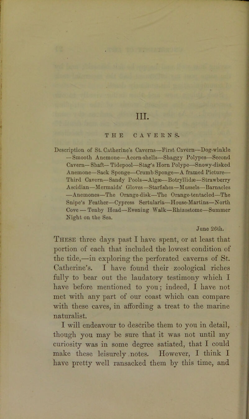 THE CAVERNS. Description of St. Catherine’s Caverns—First Cavern—Dog-winkle — Smooth Anemone—Acom-sliells—Shaggy Polypes—Second Cavern— Shaft— Tidepool—Stag’s Horn Polype—Snowy-disked Anemone—Sack Sponge—Crumb Sponge—A framed Picture— Third Cavern—Sandy Pools—Algre—Botryllidae—Strawberry Ascidian—Mermaids’ Gloves —Starfishes—Mussels—Barnacles —Anemones—The Orange-disk—The Orange-tentacled—The Snipe’s Feather—Cypress Sertularia—House-Martins—North Cove — Tenby Head—Evening Walk—Rhizostome—Summer Night on the Sea. June 26th. These three days past I have spent, or at least that portion of each that included the lowest condition of the tide,—in exploring the perforated caverns of St. Catherine's. I have found their zoological riches fully to bear out the laudatory testimony which I have before mentioned to you; indeed, I have not met with any part of our coast which can compare with these caves, in affording a treat to the marine naturalist. I will endeavour to describe them to you in detail, though you may be sure that it was not until my curiosity was in some degree satiated, that I could make these leisurely notes. However, I think I have pretty well ransacked them by this time, and