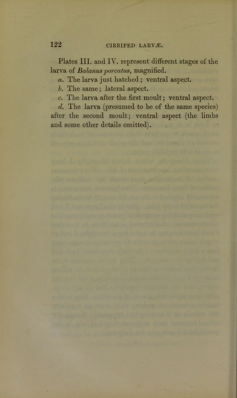 Plates III. and IY. represent different stages of the larva of Balanusporcatus, magnified. a. The larva just hatched; ventral aspect. b. The same; lateral aspect. c. The larva after the first moult; ventral aspect. d. The larva (presumed to be of the same species) after the second moult; ventral aspect (the limbs and some other details omitted).