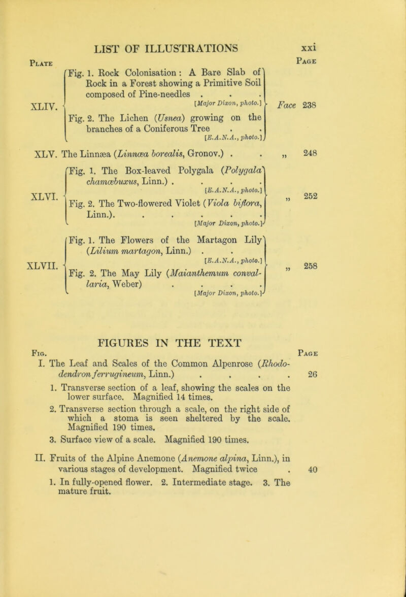 XLIV. Fig. 1. Rock Colonisation : A Bare Slab of' Rock in a Forest showing a Primitive Soil composed of Pine-needles . [Major Dixon, photo.] . Fig. 2. The Lichen (Usnea) growing on the branches of a Coniferous Tree [E.A.N.A., photo.]l Face 238 XLY. The Linnsea (Linncea borealis, Gronov.) . XLYI. Tig. 1. The Box-leaved Polygala (rolygala' chamcebnxus, Linn.) .... photo.] - - Fig. 2. The Two-flowered Violet (Viola bijkyra, Linn.). ..... . [Major Dixon, photo, y 248 >> 252 XLVII. i Fig. 1. The Flowers of the Martagon Lily' (Lilium martagon, Linn.) . [E.A.N.A., photo.] Fig. 2. The May Lily (Maianthemum conval- laria, Weber) .... [Major Dixon, photo, y J5 258 FIGURES IN THE TEXT Fig. Page I. The Leaf and Scales of the Common Alpenrose (Rhodo- dendron ferrugineum, Linn.) . . . .26 1. Transverse section of a leaf, showing the scales on the lower surface. Magnified 14 times. 2. Transverse section through a scale, on the right side of which a stoma is seen sheltered by the scale. Magnified 190 times. 3. Surface view of a scale. Magnified 190 times. II. Fruits of the Alpine Anemone (Anemone alpina, Linn.), in various stages of development. Magnified twice . 40 1. In fully-opened flower. 2. Intermediate stage. 3. The mature fruit.