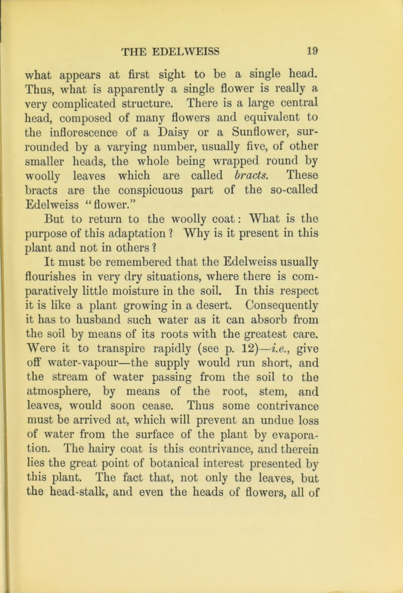 what appears at first sight to be a single head. Thus, what is apparently a single flower is really a very complicated structure. There is a large central head, composed of many flowers and equivalent to the inflorescence of a Daisy or a Sunflower, sur- rounded by a varying number, usually five, of other smaller heads, the whole being wrapped round by woolly leaves which are called bracts. These bracts are the conspicuous part of the so-called Edelweiss “flower.” But to return to the woolly coat: What is the purpose of this adaptation ? Why is it present in this plant and not in others ? It must be remembered that the Edelweiss usually flourishes in very dry situations, where there is com- paratively little moisture in the soil. In this respect it is like a plant growing in a desert. Consequently it has to husband such water as it can absorb from the soil by means of its roots with the greatest care. Were it to transpire rapidly (see p. 12)—i.e., give off water-vapour—the supply would run short, and the stream of water passing from the soil to the atmosphere, by means of the root, stem, and leaves, would soon cease. Thus some contrivance must be arrived at, which will prevent an undue loss of water from the surface of the plant by evapora- tion. The hairy coat is this contrivance, and therein lies the great point of botanical interest presented by this plant. The fact that, not only the leaves, but the head-stalk, and even the heads of flowers, all of