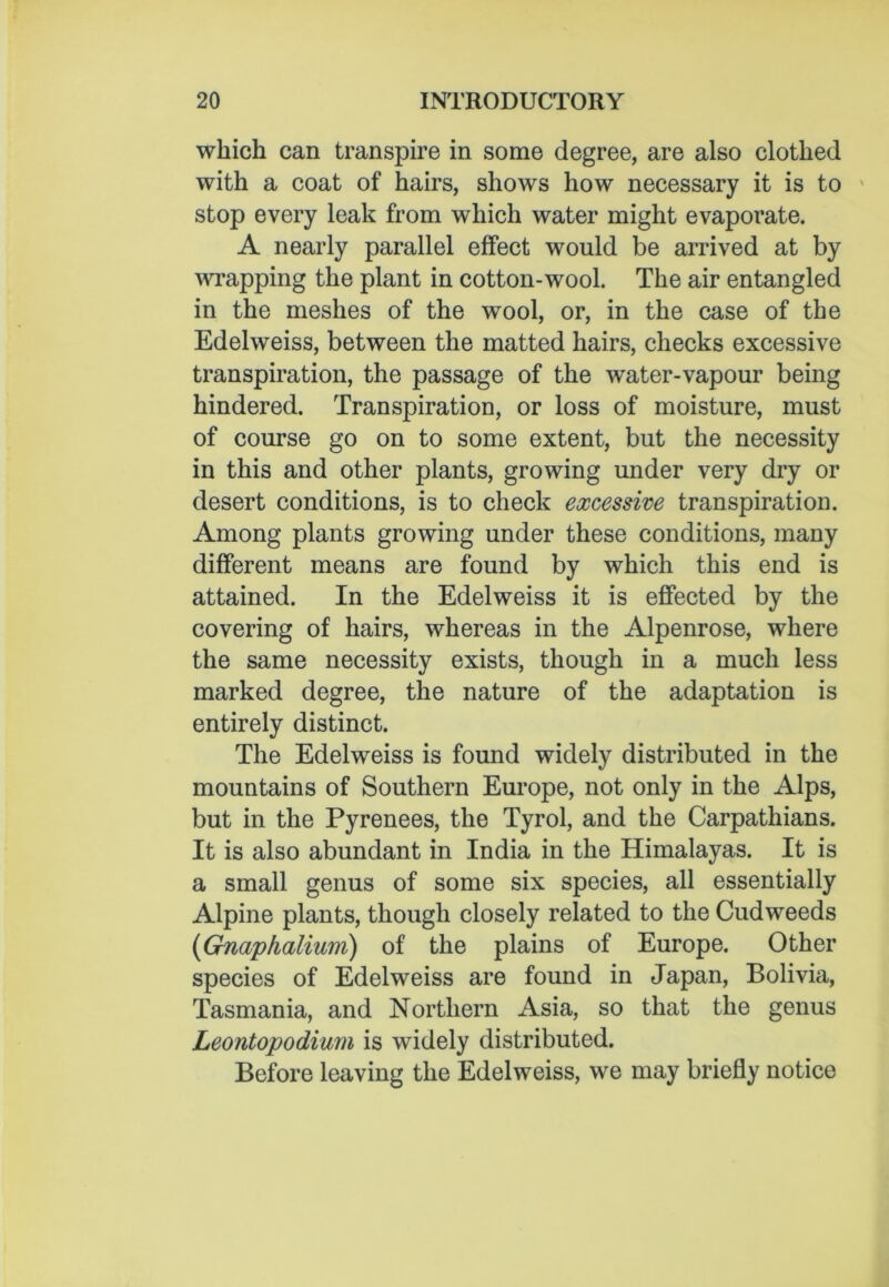 which can transpire in some degree, are also clothed with a coat of hairs, shows how necessary it is to ' stop every leak from which water might evaporate. A nearly parallel effect would be arrived at by wrapping the plant in cotton-wool. The air entangled in the meshes of the wool, or, in the case of the Edelweiss, between the matted hairs, checks excessive transpiration, the passage of the water-vapour being hindered. Transpiration, or loss of moisture, must of course go on to some extent, but the necessity in this and other plants, growing under very dry or desert conditions, is to check excessive transpiration. Among plants growing under these conditions, many different means are found by which this end is attained. In the Edelweiss it is effected by the covering of hairs, whereas in the Alpenrose, where the same necessity exists, though in a much less marked degree, the nature of the adaptation is entirely distinct. The Edelweiss is found widely distributed in the mountains of Southern Europe, not only in the Alps, but in the Pyrenees, the Tyrol, and the Carpathians. It is also abundant in India in the Himalayas. It is a small genus of some six species, all essentially Alpine plants, though closely related to the Cudweeds (Gnaphalium) of the plains of Europe. Other species of Edelweiss are found in Japan, Bolivia, Tasmania, and Northern Asia, so that the genus Leontopodium is widely distributed. Before leaving the Edelweiss, we may briefly notice