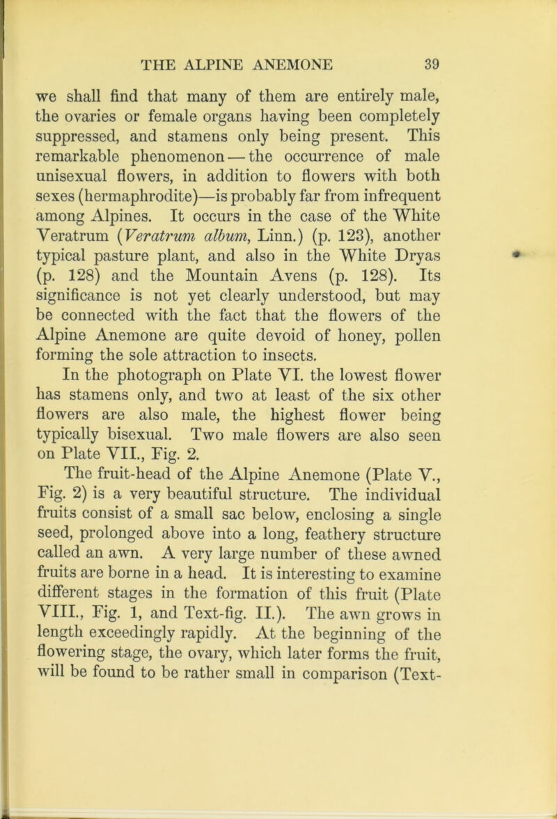 we shall find that many of them are entirely male, the ovaries or female organs having been completely suppressed, and stamens only being present. This remarkable phenomenon — the occurrence of male unisexual flowers, in addition to flowers with both sexes (hermaphrodite)—is probably far from infrequent among Alpines. It occurs in the case of the White Veratrum (Veratrum album, Linn.) (p. 123), another typical pasture plant, and also in the White Dryas (p. 128) and the Mountain Avens (p. 128). Its significance is not yet clearly understood, but may be connected with the fact that the flowers of the Alpine Anemone are quite devoid of honey, pollen forming the sole attraction to insects. In the photograph on Plate VI. the lowest flower has stamens only, and two at least of the six other flowers are also male, the highest flower being typically bisexual. Two male flowers are also seen on Plate VII., Fig. 2. The fruit-head of the Alpine Anemone (Plate V., Fig. 2) is a very beautiful structure. The individual fruits consist of a small sac below, enclosing a single seed, prolonged above into a long, feathery structure called an awn. A very large number of these awned fruits are borne in a head. It is interesting to examine different stages in the formation of this fruit (Plate VIII., Fig. 1, and Text-fig. II.). The awn grows in length exceedingly rapidly. At the beginning of the flowering stage, the ovary, which later forms the fruit, will be found to be rather small in comparison (Text-
