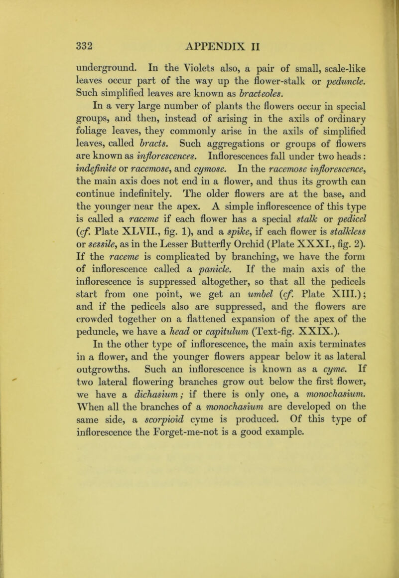 underground. In the Violets also, a pair of small, scale-like leaves occur part of the way up the flower-stalk or 'peduncle. Such simplified leaves are known as bracteoles. In a very large number of plants the flowers occur in special groups, and then, instead of arising in the axils of ordinary foliage leaves, they commonly arise in the axils of simplified leaves, called bracts. Such aggregations or groups of flowers are known as inflorescences. Inflorescences fall under two heads : indefinite or racemose, and cymose. In the racemose inflorescence, the main axis does not end in a flower, and thus its growth can continue indefinitely. The older flowers are at the base, and the younger near the apex. A simple inflorescence of this type is called a raceme if each flower has a special stalk or pedicel {cfi. Plate XLVII., fig. 1), and a spike, if each flower is stalkless or sessile, as in the Lesser Butterfly Orchid (Plate XXXI., fig. 2). If the raceme is complicated by branching, we have the form of inflorescence called a panicle. If the main axis of the inflorescence is suppressed altogether, so that all the pedicels start from one point, we get an umbel {cf. Plate XIII.); and if the pedicels also are suppressed, and the flowers are crowded together on a flattened expansion of the apex of the peduncle, we have a head or capitulum (Text-fig. XXIX.). In the other type of inflorescence, the main axis terminates in a flower, and the younger flowers appear below it as lateral outgrowths. Such an inflorescence is known as a cyme. If two lateral flowering branches grow out below the first flower, we have a dichasium; if there is only one, a monochasium. When all the branches of a monochasium are developed on the same side, a scorpioid cyme is produced. Of this type of inflorescence the Forget-me-not is a good example.