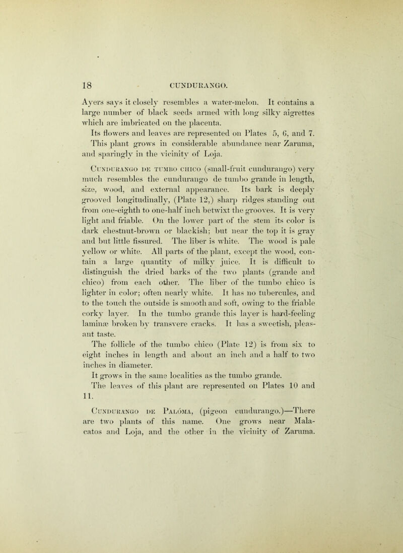 Ayers says it closely resembles a water-melon. It contains a large number of black seeds armed with long silky aigrettes which are imbricated on the placenta. Its flowers and leaves are represented on Plates 5, G, and 7. This plant grows in considerable abundance near Zaruma, and sparingly in the vicinity of Loja. Cundurango de tijmbo chico (small-fruit cundurango) very much resembles the cundurango de tumbo grande in length, size, wood, and external appearance. Its bark is deeply grooved longitudinally, (Plate 12,) sharp ridges standing out from one-eighth to one-half inch betwixt the grooves. It is very light and friable. On the lower part of the stem its color is dark chestnut-brown or blackish; but near the top it is gray and but little fissured. The liber is white. The wood is pale yellow or white. All parts of the plant, except the wood, con- tain a large quantity of milky juice. It is difficult to distinguish the dried barks of the two plants (grande and chico) from each other. The liber of the tumbo chico is lighter in color; often nearly white. It has no tubercules, and to the touch the outside is smooth and soft, owing to the friable corky layer. In the tumbo grande this layer is hard-feeling laminae broken by transvere cracks. It has a sweetish, pleas- ant taste. The follicle of the tumbo chico (Plate 12) is from six to eight inches in length and about an inch and a half to two o n inches in diameter. It grows in the same localities as the tumbo grande. The leaves of this plant are represented on Plates 10 and 11. Cundurango de Paloma, (pigeon cundurango.)—There are two plants of this name. One grows near Mala- eatos and Loja, and the other in the vicinity of Zaruma.