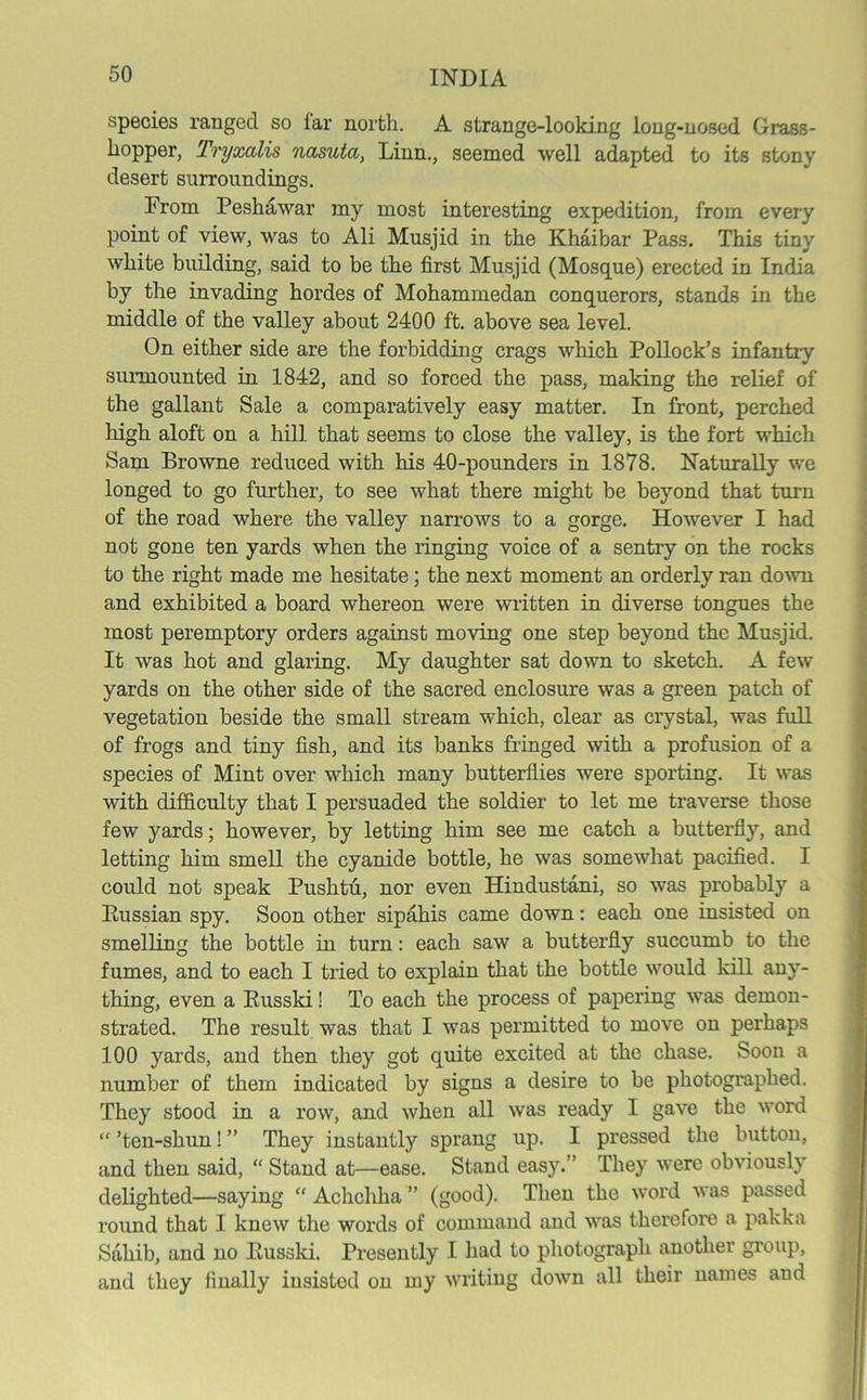 species ranged so far north. A strange-looking long-nosed Grass- hopper, Tryxalis nasutct, Linn., seemed well adapted to its stony desert surroundings. From Peshawar my most interesting expedition, from every point of view, was to Ali Musjid in the Khaibar Pass. This tiny white building, said to be the first Musjid (Mosque) erected in India by the invading hordes of Mohammedan conquerors, stands in the middle of the valley about 2400 ft. above sea level. On either side are the forbidding crags which Pollock’s infantry surmounted in 1842, and so forced the pass, making the relief of the gallant Sale a comparatively easy matter. In front, perched high aloft on a hill that seems to close the valley, is the fort which Sam Browne reduced with his 40-pounders in 1878. Naturally we longed to go further, to see what there might be beyond that turn of the road where the valley narrows to a gorge. However I had not gone ten yards when the ringing voice of a sentry on the rocks to the right made me hesitate; the next moment an orderly ran down and exhibited a board whereon were written in diverse tongues the most peremptory orders against moving one step beyond the Musjid. It was hot and glaring. My daughter sat down to sketch. A few yards on the other side of the sacred enclosure was a green patch of vegetation beside the small stream which, clear as crystal, was full of frogs and tiny fish, and its hanks fringed with a profusion of a species of Mint over which many butterflies were sporting. It was with difficulty that I persuaded the soldier to let me traverse those few yards; however, by letting him see me catch a butterfly, and letting him smell the cyanide bottle, he was somewhat pacified. I could not speak Pushtu, nor even Hindustani, so was probably a Bussian spy. Soon other sipahis came down: each one insisted on smelling the bottle in turn: each saw a butterfly succumb to the fumes, and to each I tried to explain that the bottle would kill any- thing, even a Kusski! To each the process of papering was demon- strated. The result was that I was permitted to move on perhaps 100 yards, and then they got quite excited at the chase. Soon a number of them indicated by signs a desire to be photographed. They stood in a row, and when all was ready I gave the word “ ’ten-shun! ” They instantly sprang up. I pressed the button, and then said, “ Stand at—ease. Stand easy.” They were obviously delighted—saying “ Achchha ” (good). Then the word was passed round that I knew the words of command and was therefore a pakka Sahib, and no Eusski. Presently I had to photograph another group, and they finally insisted on my writing down all their names and