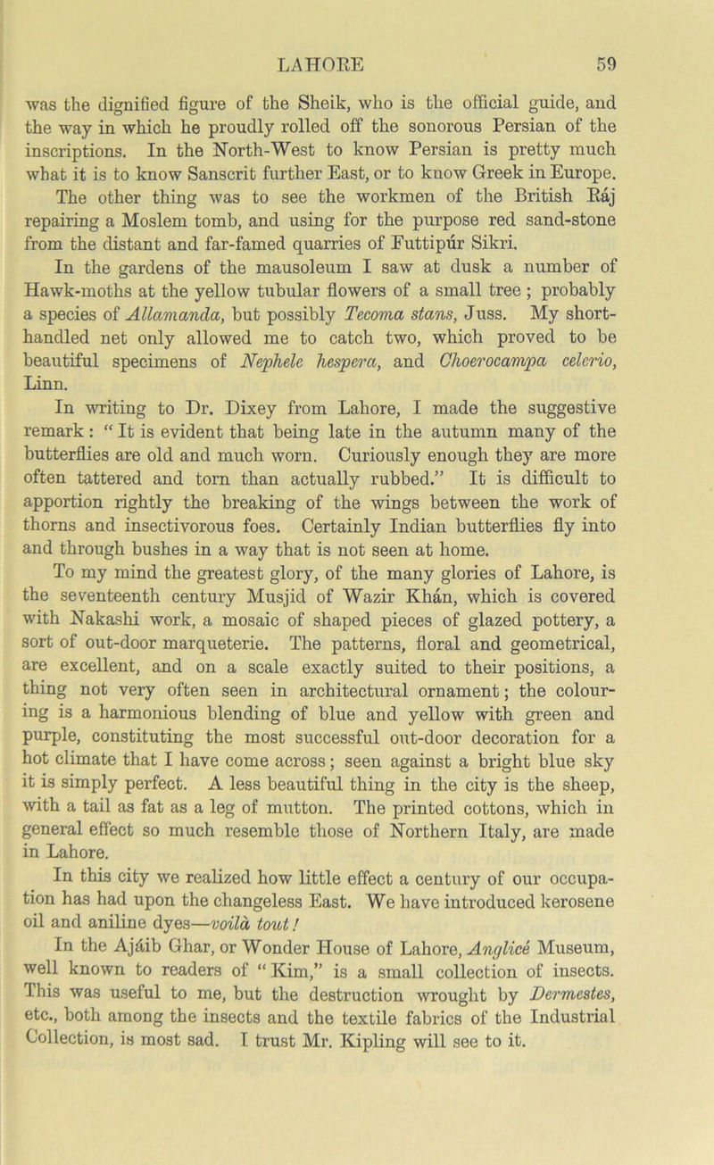 was the dignified figure of the Sheik, who is the official guide, and the way in which he proudly rolled off the sonorous Persian of the inscriptions. In the North-West to know Persian is pretty much what it is to know Sanscrit further East, or to know Greek in Europe. The other thing was to see the workmen of the British Raj repairing a Moslem tomb, and using for the purpose red sand-stone from the distant and far-famed quarries of Futtipur Sikri. In the gardens of the mausoleum I saw at dusk a number of Hawk-moths at the yellow tubular flowers of a small tree ; probably a species of Allamanda, but possibly Tecoma stans, Juss. My short- handled net only allowed me to catch two, which proved to be beautiful specimens of Nephele hespera, and Clioerocampa celcrio, Linn. In -writing to Dr. Dixey from Lahore, I made the suggestive remark: “ It is evident that being late in the autumn many of the butterflies are old and much worn. Curiously enough they are more often tattered and torn than actually rubbed.” It is difficult to apportion rightly the breaking of the wings between the work of thorns and insectivorous foes. Certainly Indian butterflies fly into and through bushes in a way that is not seen at home. To my mind the greatest glory, of the many glories of Lahore, is the seventeenth century Musjid of Wazir Khan, which is covered with Nakashi work, a mosaic of shaped pieces of glazed pottery, a sort of out-door marqueterie. The patterns, floral and geometrical, are excellent, and on a scale exactly suited to their positions, a thing not very often seen in architectural ornament; the colour- ing is a harmonious blending of blue and yellow with green and purple, constituting the most successful out-door decoration for a hot climate that I have come across; seen against a bright blue sky it is simply perfect. A less beautiful thing in the city is the sheep, with a tail as fat as a leg of mutton. The printed cottons, which in general effect so much resemble those of Northern Italy, are made in Lahore. In this city we realized how little effect a century of our occupa- tion has had upon the changeless East. We have introduced kerosene oil and aniline dyes—voild tout! In the Ajdib Ghar, or Wonder House of Lahore, Anglice Museum, well known to readers of “ Kim,” is a small collection of insects. This was useful to me, but the destruction wrought by Dermestes, etc., both among the insects and the textile fabrics of the Industrial Collection, is most sad. I trust Mr. Kipling will see to it.