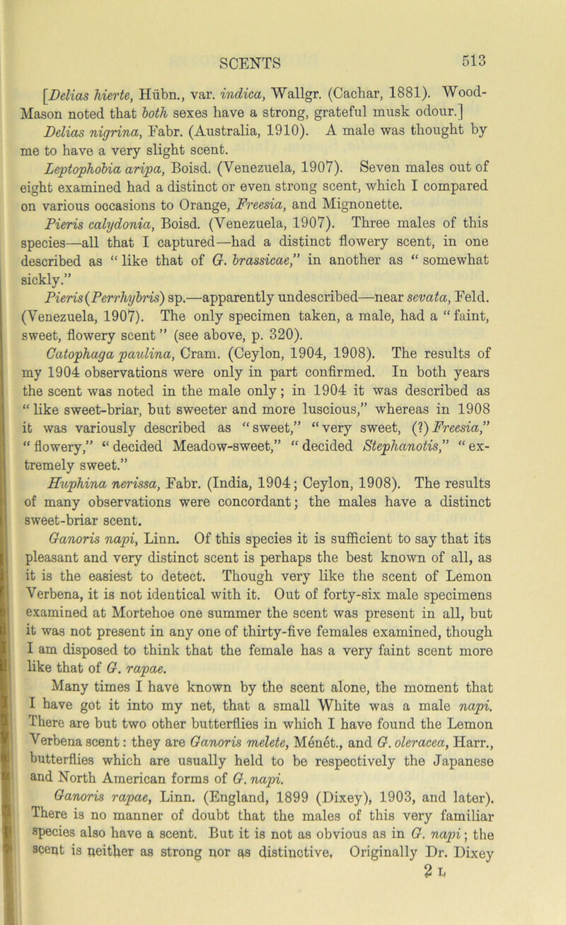 [Delias hierte, Hiibn., var. indica, Wallgr. (Cachar, 1881). Wood- Mason noted that both sexes have a strong, grateful musk odour.] Delias nigrina, Fabr. (Australia, 1910). A male was thought by me to have a very slight scent. Leptophobia aripa, Boisd. (Venezuela, 1907). Seven males out of eight examined had a distinct or even strong scent, which I compared on various occasions to Orange, Freesia, and Mignonette. Pieris calydonia, Boisd. (Venezuela, 1907). Three males of this species—all that I captured—had a distinct flowery scent, in one described as “ like that of G. brassicae,” in another as “ somewhat sickly.” Pieris(Perrhybris) sp.—apparently undescribed—near sevata, Feld. (Venezuela, 1907). The only specimen taken, a male, had a “faint, sweet, flowery scent ” (see above, p. 320). Catophaga paulina, Cram. (Ceylon, 1904, 1908). The results of my 1904 observations were only in part confirmed. In both years the scent was noted in the male only; in 1904 it was described as “ like sweet-briar, but sweeter and more luscious,” whereas in 1908 it was variously described as “sweet,” “very sweet, {'l) Freesia” “ flowery,” “ decided Meadow-sweet,” “ decided Stephanotis,” “ ex- tremely sweet.” Huphina nerissa, Fabr. (India, 1904; Ceylon, 1908). The results of many observations were concordant; the males have a distinct sweet-briar scent. Ganoris napi, Linn. Of this species it is sufficient to say that its pleasant and very distinct scent is perhaps the best known of all, as it is the easiest to detect. Though very like the scent of Lemon Verbena, it is not identical with it. Out of forty-six male specimens examined at Mortehoe one summer the scent was present in all, but it was not present in any one of thirty-five females examined, though I am disposed to think that the female has a very faint scent more like that of G. rapae. Many times I have known by the scent alone, the moment that I have got it into my net, that a small White was a male napi. There are but two other butterflies in which I have found the Lemon Verbena scent: they are Ganoris melete, Menet., and G. oleracea, Harr., butterflies which are usually held to be respectively the Japanese and North American forms of G. napi. Ganoris rapae, Linn. (England, 1899 (Dixey), 1903, and later). There is no manner of doubt that the males of this very familiar species also have a scent. But it is not as obvious as in G. napi; the scent is neither as strong nor as distinctive, Originally Dr. Dixey 2 b