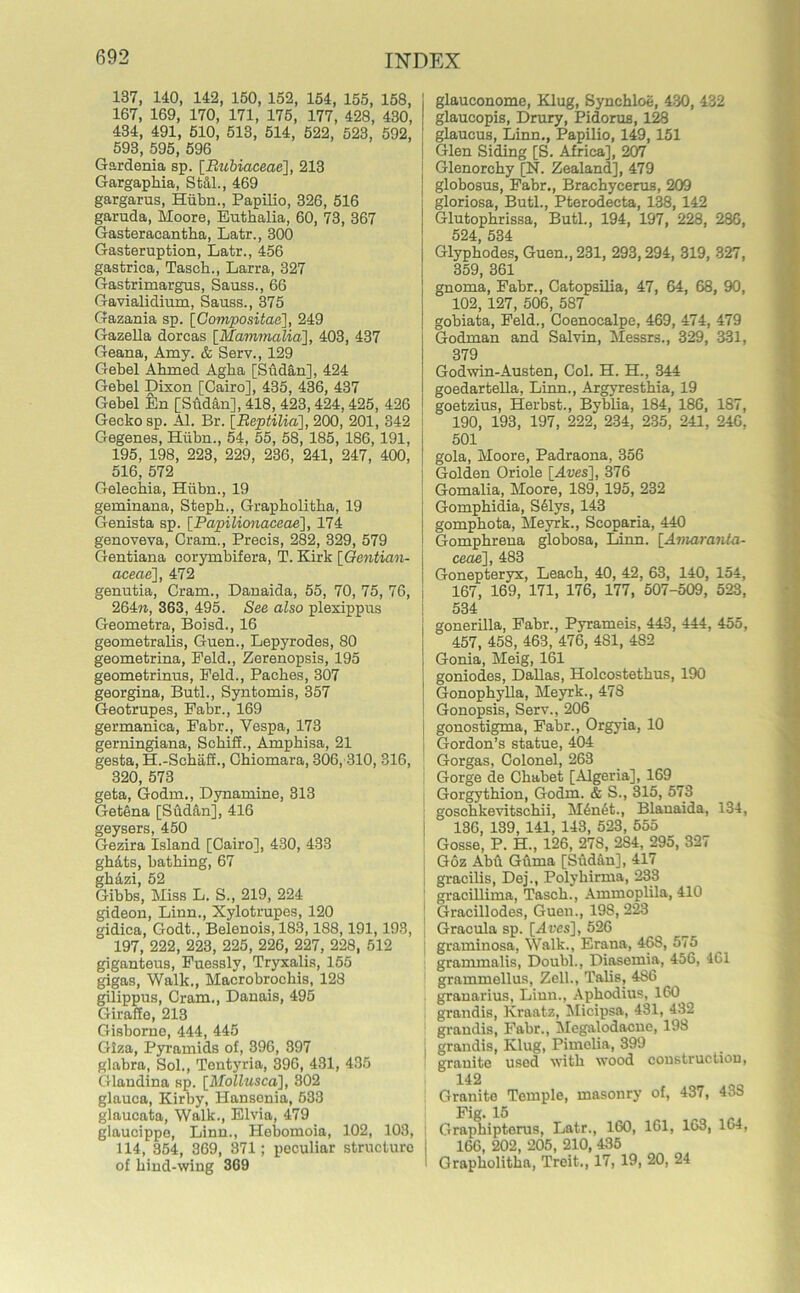 137, 140, 142, 150, 152, 154, 155, 158, i 167, 169, 170, 171, 175, 177, 428, 430, 434, 491, 510, 513, 514, 522, 523, 592, 593, 595, 596 Gardenia sp. [Rubiaceae], 213 Gargapkia, SU1., 469 gargarus, Hiibn., Papilio, 326, 516 garuda, Moore, Eutkalia, 60, 73, 367 Gasteracantka, Latr., 300 Gasteruption, Latr., 456 gastrica, Tasch., Larra, 327 Gastrimargus, Sauss., 66 Gavialidium, Sauss., 375 Gazania sp. [Covipositae], 249 Gazella dorcas [Mammalia], 403, 437 Geana, Amy. & Serv., 129 Gebel Akmed Agka [Sudan], 424 Gebel Dixon [Cairo], 435, 436, 437 Gebel fen [Sudan], 418, 423, 424,425, 426 Gecko sp. Al. Br. [Beptilia], 200, 201, 342 Gegenes, Hiibn., 54, 55, 58, 185, 186, 191, 195, 198, 223, 229, 236, 241, 247, 400, 516, 572 Gelecbia, Hiibn., 19 geminana, Stepb., Grapbolitba, 19 Genista sp. [Papilionaceae], 174 genoveva, Cram., Precis, 282, 329, 579 Gentiana corymbifera, T. Kirk [Gentian- aceae], 472 genutia, Cram., Danaida, 55, 70, 75, 76, 264», 363, 495. See also plexippus Geometra, Boisd., 16 geometralis, Guen., Lepyrodes, 80 geometrina, Feld., Zerenopsis, 195 geometrinus, Feld., Pacbes, 307 georgina, Butl., Syntomis, 357 Geotrupes, Fabr., 169 germanica, Fabr., Vespa, 173 gerningiana, Sehiff., Ampbisa, 21 gesta, H.-Schaff., Cbiomara, 306, 310, 316, 320, 573 geta, Godm., Dynamine, 313 Getgna [Sudan], 416 geysers, 450 Gezira Island [Cairo], 430, 433 ghats, bathing, 67 ghazi, 52 Gibbs, Miss L. S., 219, 224 gideon, Linn., Xylotrupes, 120 gidica, Godt., Belenois, 183,188,191,193, 197, 222, 223, 225, 226, 227, 228, 512 giganteus, Fuessly, Tryxalis, 155 gigas, Walk., Maerobrochis, 128 gilippus, Cram., Danais, 495 Giraffe, 213 Gisborne, 444, 445 Giza, Pyramids of, 396, 397 glabra, Sol., Tentyria, 396, 431, 435 Glandina sp. [Mollusca], 302 glauca, Kirby, Hansenia, 533 glaucata, Walk., Elvia, 479 glaucippe, Linn., Hebomoia, 102, 103, 114, 354, 369, 371; peculiar structure of bind-wing 369 glauconome, Klug, Synchloe, 430, 432 glaucopis, Drury, Pidorus, 128 glaucus, Linn., Papilio, 149,151 Glen Siding [S. Africa], 207 Glenorcby [N. Zealand], 479 globosus, Fabr., Brachycerus, 209 gloriosa, Butl., Pterodecta, 138, 142 Glutophrissa, Butl., 194, 197, 228, 286, 524, 534 Glypbodes, Guen., 231, 293,294, 319, 327, 359, 361 gnoma, Fabr., Catopsilia, 47, 64, 68, 90, 102, 127, 506, 587 gobiata, Feld., Coenocalpe, 469, 474, 479 Godman and Salvin, Messrs., 329, 331, 379 Godwin-Austen, Col. H. H., 344 goedartella, Linn., Argyresthia, 19 goetzius, Herbst., Byblia, 184, 186, 187, 190, 193, 197, 222, 234, 235, 241, 246. 501 gola, Moore, Padraona, 356 I Golden Oriole [Aves], 376 ; Gomalia, Moore, 189, 195, 232 Gomphidia, S61ys, 143 gompbota, Meyrk., Scoparia, 440 Gompbrena globosa, Linn. [Amaranta- ceae], 483 Gonepteryx, Leach, 40, 42, 63, 140, 154, i 167, 169, 171, 176, 177, 507-509, 523, 534 gonerilla, Fabr., Pyrameis, 443, 444, 455, 457, 45S, 463, 476, 4S1, 4S2 Gonia, Meig, 161 goniodes, Dallas, Holcostetkus, 190 Gonophylla, Meyrk., 478 Gonopsis, Serv., 206 gonostigma, Fabr., Orgyia, 10 Gordon’s statue, 404 Gorgas, Colonel, 263 Gorge de Ckabet [Algeria], 169 Gorgythion, Godm. & S., 315, 578 gosckkevitschii, M6n6t., Blanaida, 134, 136, 139, 141, 143, 523, 555 Gosse, P. H., 126, 278, 2S4, 295, 327 Goz Abb Guma [Sudan], 417 gracilis, Dej., Polyhirma, 233 gracillima, Tasck., Ammoplila, 410 Gracillodes, Guen., 198, 223 ! Gracula sp. [Aves], 526 j graminosa. Walk., Erana, 468, 575 : grammalis, Doubl., Diasemia, 456, 461 grammellus, Zell., Tabs, 486 granarius, Liun., Apkodius, 160 grandis, Kraatz, Micipsa, 431, 432 grandis, Fabr., Megalodacne, 198 j grandis, Klug, Pimelia, 399 granite used with wood construction, 3.42 Granite Temple, masonry of, 437, 4uS Fig. 15 ! Grapkipterus, Latr., 160, 161, 163, 164, , 166, 202, 205, 210, 435 I Grapbolitba, Treit., 17, 19, 20, 24