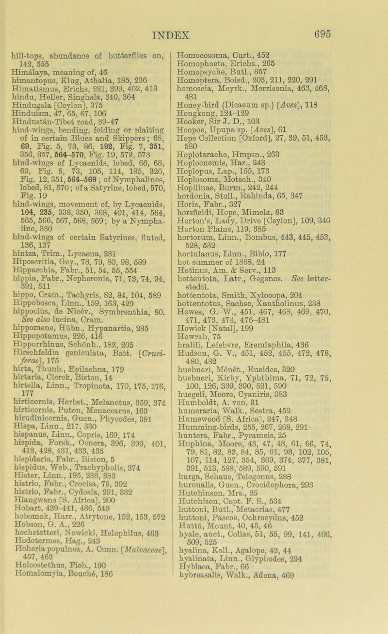 hill-tops, abundance of butterflies on, 142, 355 Himalaya, meaning of, 46 himantopus, Klug, Athalia, 185, 236 Himatismus, Erichs, 221, 399, 402, 413 hindu, Heller, Singhala, 340, 364 Hindugala [Ceylon], 375 Hinduism, 47, 65, 67, 106 Hindustan-Tibet road, 39-47 hind-wings, bending, folding or plaiting of in certain Blues and Skippers; 68, 69, Fig. 5, 73, 86, 192, Pig. 7, 351, 356, 357, 564-570, Pig. 19, 572, 573 hind-wings of Lycaenids, lobed, 66, 68, 69, Pig. 5, 73, 105, 114, 185, 326, Fig. 12, 351,564-569 ; of Nymphalines, lobed, 81, 570; of a Satyrine, lobed, 570, Pig. 19 hind-wings, movement of, by Lycaenids, 104, 235, 338, 350, 368, 401, 414, 564, 565, 566, 567, 568, 569; by a Nympha- line, 330 hind-wings of certain Satyrines, fluted, 136, 137 hintza, Trim., Lycaena, 231 Hiposcritia, Gey., 78, 79, 80, 98, 589 Hipparchia, Fabr., 51, 54, 55, 554 hippia, Fabr., Nepheronia, 71, 73, 74, 94, 391, 511 hippo, Cram., Tachyris, 82, 84, 104, 589 Hippobosca, Linn., 159, 163, 429 hippoclus, de Nic6v., Symbrenthia, 80. See also lucina, Cram, hippomene, Hiibn., Hypanartia, 235 Hippopotamus, 226, 416 Hipporrhinus, Sehonh., 182, 205 Hirschfeldia geniculata, Batt. {Cruci- fer ae], 175 hirta, Thunb., Epilachna, 179 hirtaria, Clerck, Biston, 14 hirtella, Linn., Tropinota, 170, 175, 176, 177 hirticornis, Herbst., Melanotus, 359, 374 hirticomis, Puton, Menaccarus, 163 birudinicomis, Guen., Phycodes, 391 Hispa, Linn., 217, 330 hispanus, Linn., Copris, 169, 174 hispida, Porsk., Ocnera, 396, 399, 401, 413, 428, 431, 433, 435 hispidaria, Fabr., Biston, 5 hispidus, Web., Trachypholis, 374 Hister, Linn., 195, 233, 382 histrio, Fabr., Crocisa, 75, 392 histrio, Fabr., Cydosia, 291, 332 Hlangwane [S. Africa], 200 Hobart, 439-441, 486, 549 hobomok, Harr., Atrytone, 152, 153, 572 Hobson, G. A., 226 hochstetteri, Nowicki, Helophilus, 463 Hodotermes, Hag., 243 Hoheriapopulnea, A. Gunn. [Malvaceae!, 457, 463 Holcostethus, Fieb., 190 Homalomyia, Bouch6, 186 Homoeosoma, Curt., 452 Homophoeta, Erichs., 265 Homopsyche, Butl., 357 Homoptera, Boisd., 203, 211, 220, 291 homoscia, Meyrk., Morrisonia, 463, 468, 481 Honey-bird (Dicaeum sp.) [Aves], 118 Hongkong,124-129 Hooker, Sir J. D., 103 Hoopoe, Upupa sp. [Aves], 61 Hope Collection [Oxford], 27, 39, 51, 453, 580 Hoplotarache, Hmpsn., 263 Hoplocnemis, Har., 243 Hoplopus, Lap., 155, 173 Hoplosoma, Motsch., 340 Hopliinae, Burm., 242, 244 hordonia, Stoll., Rahinda, 65, 347 Horia, Fabr., 327 horsfleldi, Hope, Mimela, 83 Horton’s, Lady, Drive [Ceylon], 109, 346 Horton Plains, 119, 385 hortorum, Linn., Bombus, 443, 445, 453, 528, 532 hortulanus, Linn., Bibio, 177 hot summer of 1868, 24 Hotinus, Am. & Serv., 113 hottentota, Latr., Gegenes. See letter- stedti. hottentota, Smith, Xylocopa, 204 hottentotus, Sachse, Xantholinus, 238 Howes, G. W., 451, 467, 468, 469, 470, 471, 473, 474, 476-481 Ho wick [Natal], 199 Howrah, 75 hralili, Lefebvre, Eremiaphila, 436 Hudson, G. V., 451, 452, 455, 472, 478, 480, 482 huebneri, M6n6t., Eueides, 320 huebneri, Kirby, Yphthima, 71, 72, 75, 100, 126, 339, 390, 521, 590 huegeli, Moore, Cyaniris, 383 Humboldt, A. von, 31 humeraria, Walk., Sestra, 452 Humewood [S. Africa], 247, 248 Humming-birds, 255, 267, 268, 291 huntera, Fabr., Pyrameis, 25 Huphina, Moore, 43, 47, 48, 61, 66, 74, 79, 81, 82, 83, 84, 85, 91, 93, 102, 105, 107, 114, 127, 354, 369, 374, 377, 381, 891, 513, 588,‘589, 590, 591 hurga, Schaus, Telegonus, 288 huronalis, Guon., Crocidophora, 293 Hutchinson, Mrs., 25 Hutchison, Capt. F. S., 534 huttoni, Butl., Metacrias, 477 huttoni, Pascoo, Ochrocydus, 452 Huttu, Mount, 40, 45, 46 hyale, auct., Colias, 51, 55, 99, 141, 406, 509, 525 hyalina, Koll., Agalope, 42, 44 hyalinata, Linn., Glyphodes, 294 Hyblaea, Fabr., 66 hybreasalis, Walk., Adena, 469