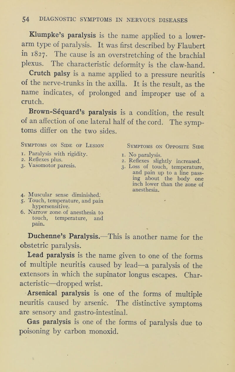 Klumpke’s paralysis is the name applied to a lower- arm type of paralysis. It was first described by Flaubert in 1827. The cause is an overstretching of the brachial plexus. The characteristic deformity is the claw-hand. Crutch palsy is a name applied to a pressure neuritis of the nerve-trunks in the axilla. It is the result, as the name indicates, of prolonged and improper use of a crutch. Brown-Sequard’s paralysis is a condition, the result of an affection of one lateral half of the cord. The sj-mip- toms differ on the two sides. Symptoms on Side of Lesion 1. Paralysis with rigidity. 2. Reflexes plus. 3. Vasomotor paresis. 4. Muscular sense diminished. 5. Touch, temperature, and pain hypersensitive. 6. Narrow zone of anesthesia to touch, temperature, and pain. Symptoms on Opposite Side 1. No paralysis. 2. Reflexes slightly increased. 3. Loss of touch, temperature, and pain up to a line pass- ing about the body one inch lower than the zone of anesthesia. Duchenne’s Paralysis.—This is another name for the obstetric paralysis. Lead paralysis is the name given to one of the forms of multiple neuritis caused by lead—a paralysis of the extensors in which the supinator longus escapes. Char- acteristic—dropped wrist. Arsenical paralysis is one of the forms of multiple neuritis caused by arsenic. The distinctive symptoms are sensory and gastro-intestinal. Gas paralysis is one of the forms of paralysis due to poisoning by carbon monoxid.