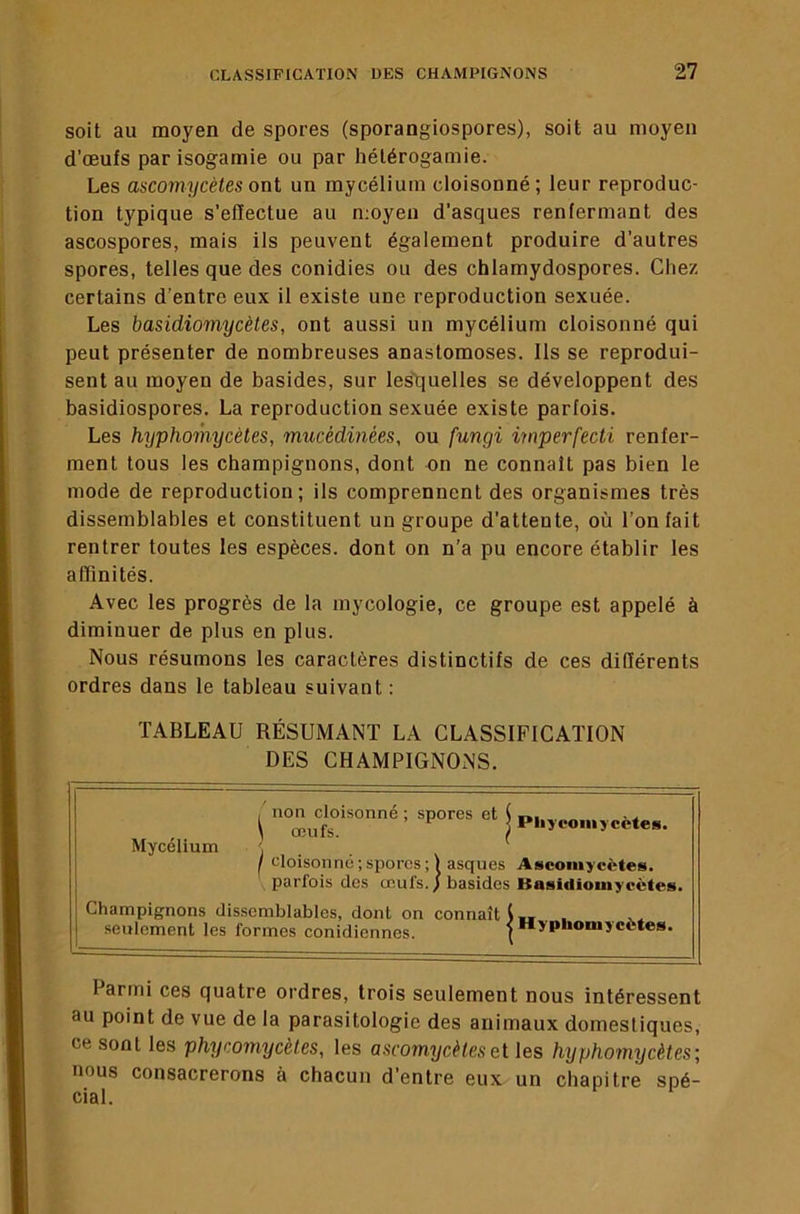 soit au moyen de spores (sporangiospores), soit au moyen d’œufs par isogamie ou par hétérogamie. Les ascomycètes ont un mycélium cloisonné; leur reproduc- tion typique s’effectue au moyen d’asques renfermant des ascospores, mais ils peuvent également produire d’autres spores, telles que des conidies ou des chlamydospores. Chez certains d’entre eux il existe une reproduction sexuée. Les basidiomycèles, ont aussi un mycélium cloisonné qui peut présenter de nombreuses anastomoses. Ils se reprodui- sent au moyen de basides, sur les'quelles se développent des basidiospores. La reproduction sexuée existe parfois. Les hyphomycèles, mucédinées, ou fungi i7nperfecti renfer- ment tous les champignons, dont on ne connaît pas bien le mode de reproduction ; ils comprennent des organismes très dissemblables et constituent un groupe d’attente, où l’on fait rentrer toutes les espèces, dont on n’a pu encore établir les affinités. Avec les progrès de la mycologie, ce groupe est appelé à diminuer de plus en plus. Nous résumons les caractères distinctifs de ces différents ordres dans le tableau suivant : TABLEAU RÉSUMANT LA CLASSIFICATION DES CHAMPIGNONS. , non cloisonné ; spores et ( . . \ œufs. Pliyconiycctes. Mycélium ■ ] . . I cloisonné ; spores ; I asques Ascomycètes, parfois des œufs.} basides Basidiomycètes. Champignons dissemblables, dont on connaît . seulement les formes conidiennes. |Hypnomycctes. Parmi ces quatre ordres, trois seulement nous intéressent au point de vue de la parasitologie des animaux domestiques, ce sont les phycomycèles, les ascomycètes et les hyphomycètes\ nous consacrerons à chacun d’entre eux un chapitre spé- cial.