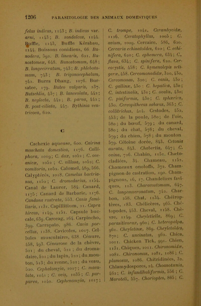 felus indicus, n/i3; B. indiens var. arni, ii43; B. sondaïeus, ulth. Il 43, Biilïle kérabau, ii44. Buissons conidiens, 66 Bu- noderu, 5yu. B. linearis, 621. Ba- nostomeæ, 648. Bunostomiim, 648 ; B. longecirratum, 7-43; B. phlebolo- mim, 743 ; B. trigonocephalum, 742. Burra Dhang, 1076. Bur- satee, 179. Buteo vulgaris, 237. ButschUa, 437 ; B. lanceolata, 44a ; B. ncglecla, 44a; B. parva, 44a; B. post-ciliata, 447- Bythinia ven- tricoca, 620. C Cachexie aqueuse, 600. Cairina moschala domesLica, 1176. Calli- phora, louj; C. dux, 1062; C.oee- aniex, 1062 ; C. villosa, io52; C. voinitoria, io52. Calomel, 489, 566. Calyptérés, ioi8. Camclus baclria- nus, 1162; G. droinedarius, ii54. Canal de Laurer, 584. Canard, 1175; Canard de Barbarie, 1176. Candona roslrata, 553. Canis fami- lia/’is, I i3i. Capillitium, 21. Capra hircus, 1149, ii5i- Capsule buc- cale, 689. Ca.rceag, a64. Carpincho, 899. Carrapalo, 986. Cavia por- cellus, ii38. Cavicolcs, 1017. Cel- lules musculaires, 638. Cénure, 458, 498. Cénurose de la chèvre, 521; du cheval, 821 ; du droma- daire, 5a I ; du lapin, 822 ; du mou- ton, 5i3; du renne, 5ai ; du veau, Û20. Cephalomyia, 1017; G. macn- lala, io4i ; G. ovis, to35; G. pur- purea, io4o. Ceplwiiotnyia, 1017, G. trompe, io4i. Cerambyeidæ, 1126. Ccratopliyllus, ioo5 ; G. avium, 1009. Cercaire, 586, 620. Cercaria echinalotdes, 620 ; G. cchi- nifera, 620; G. ephemera, 634 ; G. jlava, 634; G. spinifera, 620. Ccr- cocystis, 458; G. hymenolepis seli- gerx, 458. Cercomonadidx, 820,43o, Cercomonas, 820; G. canis, 43o ; G. gallinæ, 43o ; G. hepatka, 43o ; G. intcslinalis, 431 ; G. ovalis, 43o; G. pisiformis, 43o; G. sphxrira, 43ü. Ccrcopilheciis sabxus, 363; G. colliiriclius, 4i4. Cestodes, 462, 453; de la poule, 58o; de l’oie, 58o ; du bœuf, 879 ; du canard, 58o; du chat, 878; du cheval, 579 ; du chien, 878 ; du mouton 579. Cétoine dorée, 843. Cetonia aurata, 843. Chabertia, 647; G. ovina, 726. Chabin, ii5i. (,ha*to- cladiées, 34- Chameau, 1162. Chameaux onoloffs, 872. Cham- pignon de castration, 190. Cham- pignons, 16, 17. Chandeliers favi- ques, ii3. Characostomum, 647. G. longemiicronaluni, 7.42. Char- bon, 258. Cliat, n34. Chéirop- tères, i83. Chélicères, 968. Ché- topodes, 453. Cheval, ii5b. Chè- vre, Il49- Clieyleliella, 869; G. parasitivorax, 960 ; G. helcropalpa, 961. Cheylelinx, 869. Cheyleloides, 870; G. uncinalus, 962. Chica, loii. Chicken Tick, 991. Chien, I i3i. Chiques, loii. Chironomidx, 1081. Chironomus, 1081, 1086; G. plumosus, 1086. Chitridinées, 82. Chlamydospores, 24- Choanolxnia, 462 ; G. infundibuliformis, 556 ; G. Marotcli, 687. Chorioptes, 865; G.