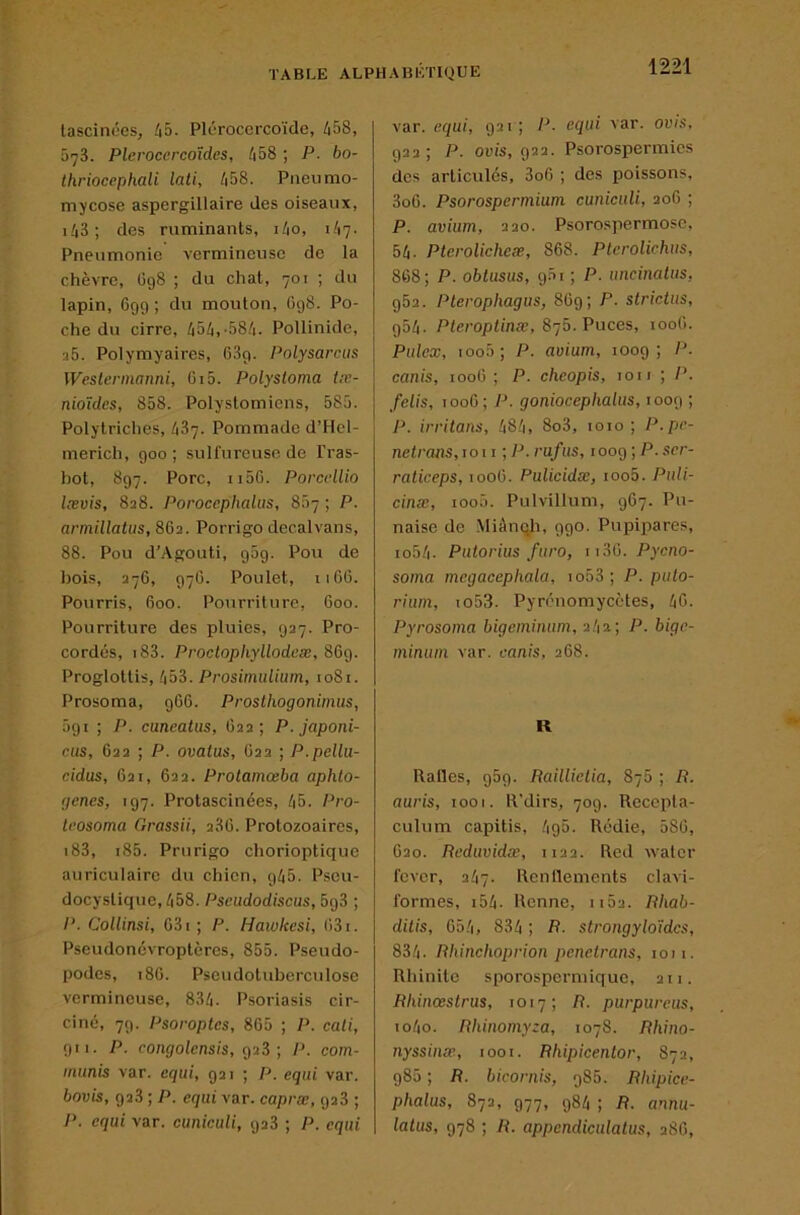 lascinées, ^5. Pléroccrcoïde, 458, 578. Plaroccrcoïdes, 458 ; P. bo- thriocephali lali, 458. Paeumo- mycose aspergillaire des oiseaux, i43; des ruminants, i4o, ih'j. Pneumonie vermineuse de la chèvre, C98 ; du chat, 701 ; du lapin, 699 ; du mouton, 698. Po- che du cirre, 454,-584. Pollinide, 35. Polymyaires, 689. Polysarciis Westerinanni, 615. Polystoma tre- nioïdes, 858. Polystomiens, 585. Polytriches, 487. Pommade d’Hcl- merich, 900 ; sulfureuse de l’ras- bot, 897. Porc, ii5G. Porccllio lævis, 838. Poroccphalus, 887 ; P. armillatus, 862. Porrigo decalvans, 88. Pou d'Agouti, 989. Pou de bois, 276, 976. Poulet, 1166. Pourris, 600. Pourriture, 600. Pourriture des pluies, 937. Pro- cordés, 188. Proctophyllodeæ, 869. Proglottis, 458. Prosinuilium, 1081. Prosoma, 966. Prosthogonimus, 5gi ; P. cuneatus, G22 ; P.japoni- cus, 623 ; P. ovatus, G23 ; P.pellu- cidus, G21, 622. Prolamœba aphlo- gencs, 197. Protascinées, 45. Pro- tfosoma Grassii, 23G. Protozoaires, i83, i85. Prurigo chorioptique auriculaire du chien, 945. Pseu- docystique, 458. Pseudodiscus, 5g3 ; P. Collinsi, G3i ; P. Hawkesi, G3i. Pseudonévroptères, 855. Pseudo- podes, 18G. Pscudotuberculose vermineuse, 834. Psoriasis cir- ciné, 79. Psoroptes, 8G5 ; P. cati, 911. P. congolensis, 928; P. coin- munis var. equi, 931 ; P. eqiii var. bovis, 928 ; P. equi var. capræ, 928 ; P. equi var. cuniculi, 928 ; P. equi var. equi, 921; equi var. avis, 922; P. avis, 922. Psorospermics des articulés, 3oG ; des poissons, 3oG. Psorospermium cuniculi, 20G ; P. avium, 320. Psorospermosc, 54. Pterolicheæ, 868. Plcrolichus, 868; P. oblusus, g-ôi ; P. uncinatus, 982. Plerophagus, 8G9; P. strictus, 954. Pteroptinæ, 878. Puces, looG. Pulex, ioo5; P. avium, 1009; /^ canis, looG ; P. cheopis, loit ; /'. felis, looG; P. goniocephalus, loog ; P. irritans, 484, 8o3, 1010; P.pc- netrans,ioii ;P.rufus, loaq; P.scr- raliceps, looG. Pulicidæ, ioo5. Puli- einæ, ioo5. Pulvillum, 967. Pu- naise de -Miânqh, 990. Pupipares, io54- Pulorius furo, ii3G. Pyeno- soma mcgacephala, io53; P. pulo- rium, io53. Pyrénomycètes, 4G. Pyrosoma bigeminuni, 242; P. bigr- minuin var. canis, 268. R Rafles, 959. Raillietia, 878 ; R. auris, tooi. R’dirs, 709. Recepla- culum capitis, 4g5. Rédie, 58G, 620. Reduvidœ, 1122. Red waler fever, 247. Renflements clavi- formes, i54. Renne, liôs. Rhab- ditis, G54, 834 ; R- strongyloidcs, 834. Rhinchoprion penetrans, loii. Rhinite sporospermique, 211. Rhinœstrus, 1017; R. purpureus, io4o. Rliinomyza, 1078. Rhino- nyssinze, 1001. Rhipicenlor, 872, 985 ; R. bicornis, 985. Rhipice- phalus, 872, 977, 984 ; R. annu- latus, 978 ; R. appendiculatus, 28G,