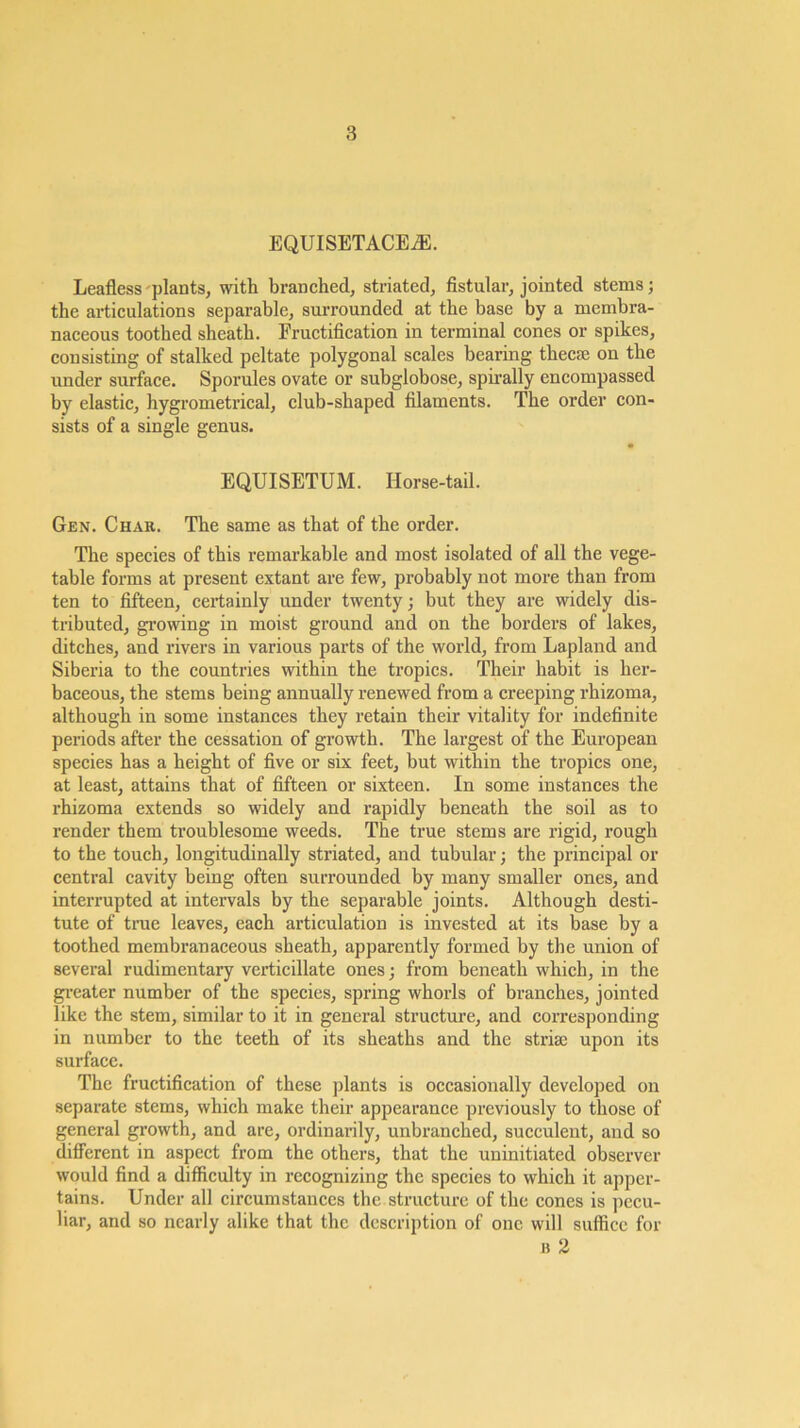 EQUISETACEiE. Leafless plants, with branched, striated, fistular, jointed stems; the articulations separable, surrounded at the base by a mcmbra- naeeous toothed sheath. Fructification in terminal cones or spikes, consisting of stalked peltate polygonal scales bearing thee® on the under surface. Sporules ovate or subglobose, spirally encompassed by elastic, hygrometrical, club-shaped filaments. The order con- sists of a single genus. EQUISETUM. Horse-tail. Gen. Char. The same as that of the order. The species of this remarkable and most isolated of all the vege- table forms at present extant are few, probably not more than from ten to fifteen, ceilainly under twenty; but they are widely dis- tributed, growing in moist ground and on the borders of lakes, ditches, and rivers in various parts of the world, from Lapland and Siberia to the countries within the tropics. Their habit is her- baceous, the stems being annually renewed from a creeping rhizoma, although in some instances they retain their vitality for indefinite periods after the cessation of growth. The largest of the European species has a height of five or six feet, but within the tropics one, at least, attains that of fifteen or sixteen. In some instances the rhizoma extends so widely and rapidly beneath the soil as to render them troublesome weeds. The true stems are rigid, rough to the touch, longitudinally striated, and tubular; the principal or central cavity being often surrounded by many smaller ones, and interrupted at intervals by the separable joints. Although desti- tute of true leaves, each articulation is invested at its base by a toothed membranaceous sheath, apparently formed by the union of several rudimentary verticillate ones; from beneath which, in the gi-eater number of the species, spring whorls of branches, jointed like the stem, similar to it in general strueture, and corresponding in number to the teeth of its sheaths and the stria) upon its surface. The fructification of these jfiants is occasionally developed on separate stems, which make their appearance previously to those of general growth, and are, ordinarily, unbranched, succulent, and so different in aspect from the others, that the uninitiated observer would find a difficulty in recognizing the species to which it apper- tains. Under all circumstances the structure of the cones is pecu- liar, and so nearly alike that the description of one will suffice for B 2