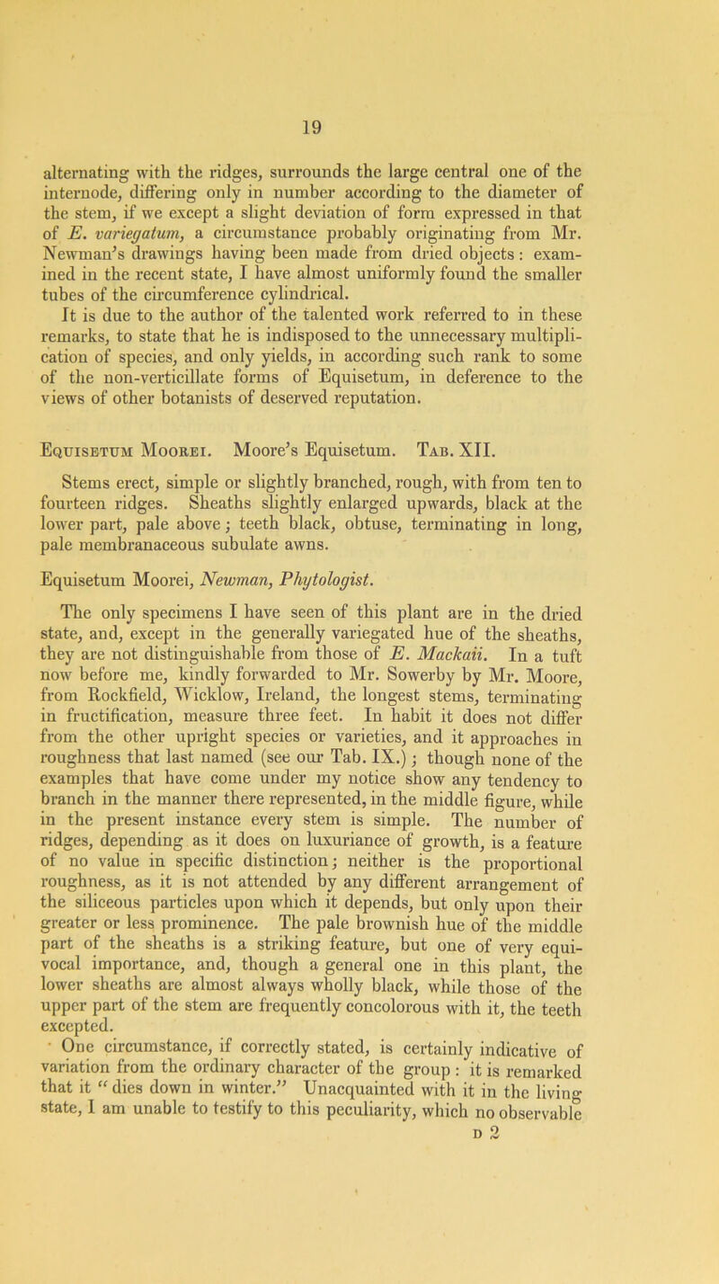 alternating with the ridges, surrounds the large central one of the internode, differing only in number according to the diameter of the stem, if we except a slight deviation of form expressed in that of E. variegatum, a circumstance probably originating from Mr. Newman^s drawings having been made from dried objects: exam- ined in the recent state, I have almost uniformly found the smaller tubes of the cii-cumference cylindrical. It is due to the author of the talented work referred to in these remarks, to state that he is indisposed to the unnecessary multipli- cation of species, and only yields, in according such rank to some of the non-verticillate forms of Equisetum, in deference to the views of other botanists of deserved reputation. Equisetum Moorei. Moore’s Equisetum. Tab. XII. Stems erect, simple or slightly branched, rough, with from ten to fourteen ridges. Sheaths slightly enlarged upwards, black at the lower part, pale above; teeth black, obtuse, terminating in long, pale membranaceous subulate awns. Equisetum Moorei, Newman, Phytologist. The only specimens I have seen of this plant are in the dried state, and, except in the generally variegated hue of the sheaths, they are not distinguishable from those of E. Mackaii. In a tuft now before me, kindly forwarded to Mr. Sowerby by Mr. Moore, from Rockfield, Wicklow, Ireland, the longest stems, terminating in fructification, measure three feet. In habit it does not differ from the other upright species or varieties, and it approaches in roughness that last named (see our Tab. IX.); though none of the examples that have come under my notice show any tendency to branch in the manner there represented, in the middle figure, while in the present instance every stem is simple. The number of ridges, depending as it does on luxuriance of growth, is a feature of no value in specific distinction; neither is the proportional roughness, as it is not attended by any different arrangement of the siliceous particles upon which it depends, but only upon their greater or less prominence. The pale brownish hue of the middle part of the sheaths is a striking feature, but one of very equi- vocal importance, and, though a general one in this plant, the lower sheaths are almost always wholly black, while those of the upper part of the stem are frequently concolorous with it, the teeth excepted. • One circumstance, if correctly stated, is certainly indicative of variation from the ordinary character of the group : it is remarked that it “ dies down in winter.” Unacquainted with it in the living state, I am unable to testify to this peculiarity, which no observable D 3