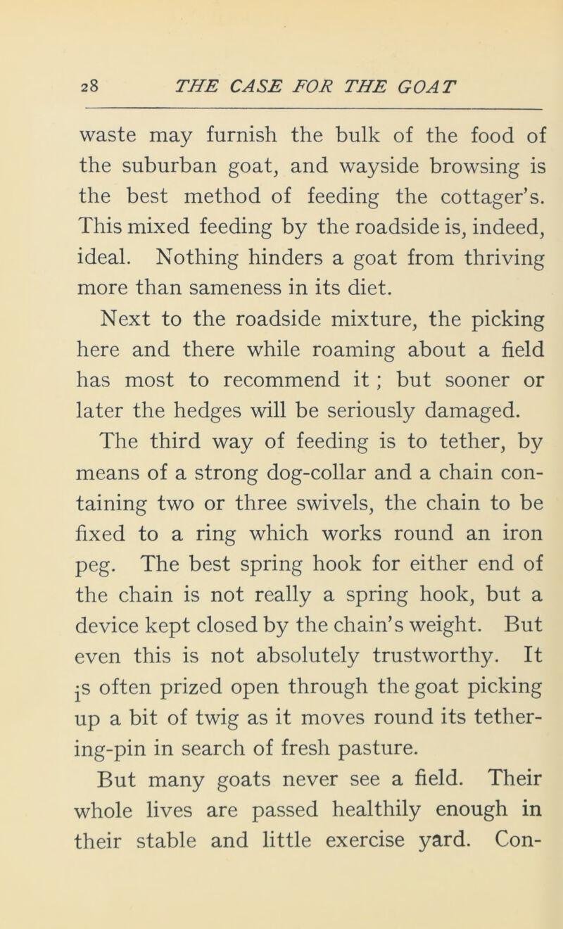 waste may furnish the bulk of the food of the suburban goat, and wayside browsing is the best method of feeding the cottager’s. This mixed feeding by the roadside is, indeed, ideal. Nothing hinders a goat from thriving more than sameness in its diet. Next to the roadside mixture, the picking here and there while roaming about a field has most to recommend it; but sooner or later the hedges will be seriously damaged. The third way of feeding is to tether, by means of a strong dog-collar and a chain con- taining two or three swivels, the chain to be fixed to a ring which works round an iron peg. The best spring hook for either end of the chain is not really a spring hook, but a device kept closed by the chain’s weight. But even this is not absolutely trustworthy. It •s often prized open through the goat picking up a bit of twig as it moves round its tether- ing-pin in search of fresh pasture. But many goats never see a field. Their whole lives are passed healthily enough in their stable and little exercise yard. Con-