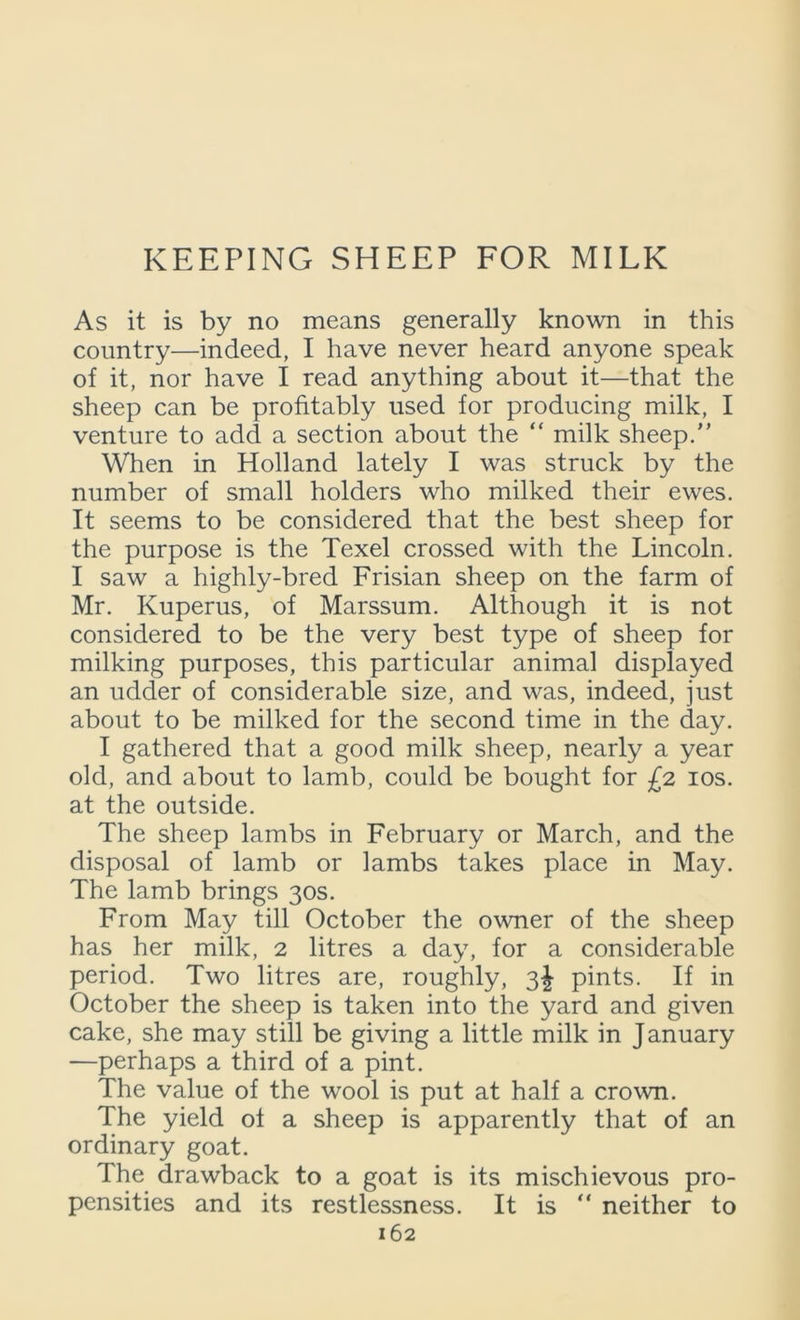 KEEPING SHEEP FOR MILK As it is by no means generally known in this country—indeed, I have never heard anyone speak of it, nor have I read anything about it—that the sheep can be profitably used for producing milk, I venture to add a section about the “ milk sheep.” When in Holland lately I was struck by the number of small holders who milked their ewes. It seems to be considered that the best sheep for the purpose is the Texel crossed with the Lincoln. I saw a highly-bred Frisian sheep on the farm of Mr. Kuperus, of Marssum. Although it is not considered to be the very best type of sheep for milking purposes, this particular animal displayed an udder of considerable size, and was, indeed, just about to be milked for the second time in the day. I gathered that a good milk sheep, nearly a year old, and about to lamb, could be bought for £2 10s. at the outside. The sheep lambs in February or March, and the disposal of lamb or lambs takes place in May. The lamb brings 30s. From May till October the owner of the sheep has her milk, 2 litres a day, for a considerable period. Two litres are, roughly, 3J pints. If in October the sheep is taken into the yard and given cake, she may still be giving a little milk in January —perhaps a third of a pint. The value of the wool is put at half a crown. The yield of a sheep is apparently that of an ordinary goat. The drawback to a goat is its mischievous pro- pensities and its restlessness. It is  neither to