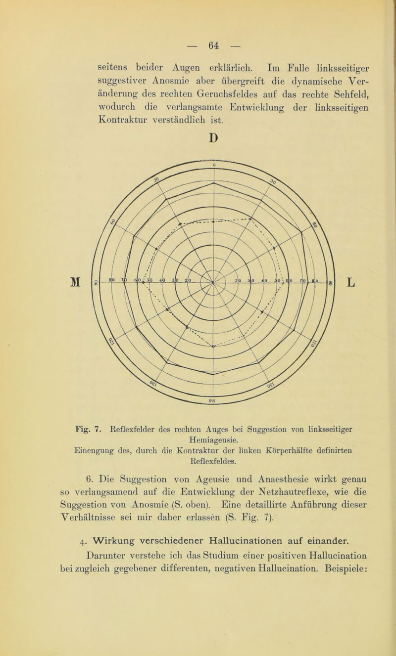 seitens beider Augen erklärlich. Im Falle linksseitiger suggestiver Anosmie aber übergreift die dynamische Ver- änderung des rechten Geruchsfeldes auf das rechte Sehfeld, wodurch die verlangsamte Entwicklung der linksseitigen Kontraktur verständlich ist. D M L Fig. 7. Reflexfelder des rechten Auges bei Suggestion von linksseitiger Hemiageusie. Einengung des, durch die Kontraktur der linken Körperhälfte definirten Reflexfeldes. 6. Die Suggestion von Ageusie und Anaesthesie wirkt genau so verlangsamend auf die Entwicklung der Netzhautreflexe, wie die Suggestion von Anosmie (S. oben). Eine detaillirte Anführung dieser Verhältnisse sei mir daher erlassen (S. Fig. 7). 4. Wirkung verschiedener Hallucinationen auf einander. Darunter verstehe ich das Studium einer positiven Hallucination bei zugleich gegebener differenten, negativen Hallucination. Beispiele: