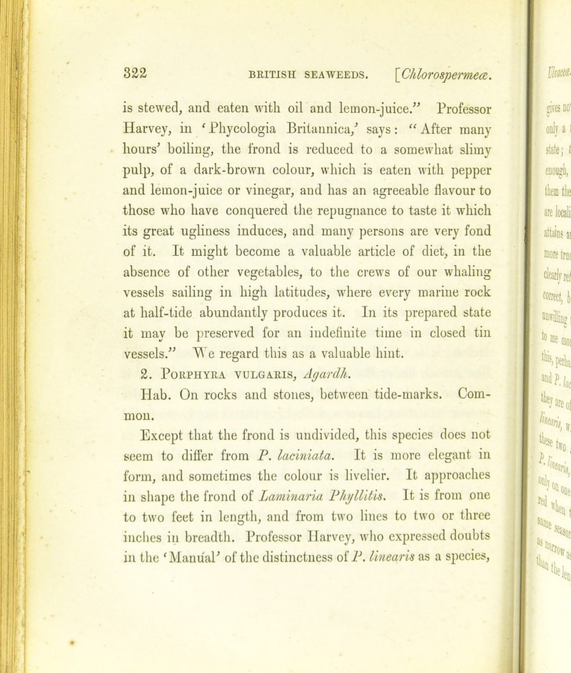 is stewed, and eaten with oil and lemon-juice.” Professor Harvey, in f Phycologia Britannica/ says: “ After many hours’ boiling, the frond is reduced to a somewhat slimy pulp, of a dark-brown colour, which is eaten with pepper and lemon-juice or vinegar, and has an agreeable flavour to those who have conquered the repugnance to taste it which its great ugliness induces, and many persons are very fond of it. It might become a valuable article of diet, in the absence of other vegetables, to the crews of our whaling vessels sailing in high latitudes, where every marine rock at half-tide abundantly produces it. In its prepared state it may be preserved for an indefinite time in closed tin vessels.” We regard this as a valuable hint. 2. Porphyra vulgaris, Agarclh. Hab. On rocks and stones, between tide-marks. Com- mon. Except that the frond is undivided, this species does not seem to differ from P. laciniata. It is more elegant in form, and sometimes the colour is livelier. It approaches in shape the frond of Laminaria Phgllitis. It is from one to two feet in length, and from two lines to two or three inches in breadth. Professor Harvey, who expressed doubts in the f ManualJ of the distinctness of P. linearis as a species,