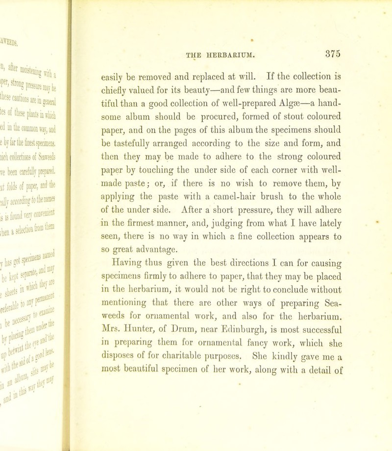 easily be removed and replaced at will. If the collection is chiefly valued for its beauty—and few things are more beau- tiful than a good collection of well-prepared Algse—a hand- some album should be procured, formed of stout coloured paper, and on the pages of this album the specimens should be tastefully arranged according to the size and form, and then they may be made to adhere to the strong coloured paper by touching the under side of each corner with well- made paste; or, if there is no wish to remove them, by applying the paste with a camel-hair brush to the whole of the under side. After a short pressure, they will adhere in the firmest manner, and, judging from what I have lately seen, there is no way in which a fine collection appears to so great advantage. Having thus given the best directions I can for causing specimens firmly to adhere to paper, that they may be placed in the herbarium, it would not be right to conclude without mentioning that there are other ways of preparing Sea- weeds for ornamental work, and also for the herbarium. Mrs. Hunter, of Drum, near Edinburgh, is most successful in preparing them for ornamental fancy work, which she disposes of for charitable purposes. She kindly gave me a most beautiful specimen of her work, along with a detail of