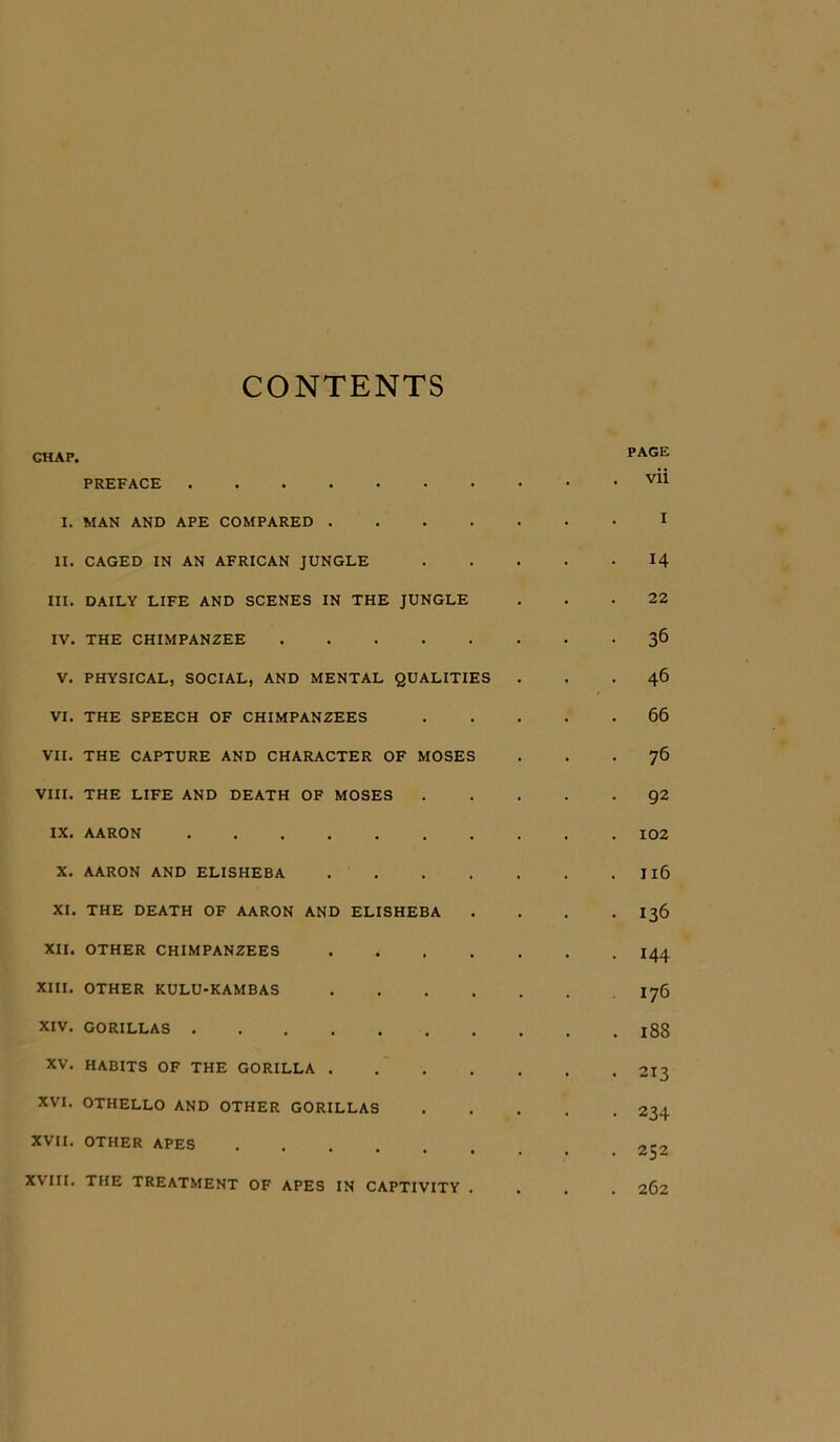 CONTENTS CHAP. PAGE PREFACE I. MAN AND APE COMPARED I II. CAGED IN AN AFRICAN JUNGLE 14 III. DAILY LIFE AND SCENES IN THE JUNGLE ... 22 IV. THE CHIMPANZEE 36 V. PHYSICAL, SOCIAL, AND MENTAL QUALITIES ... 46 VI. THE SPEECH OF CHIMPANZEES 66 VII. THE CAPTURE AND CHARACTER OF MOSES ... 76 VIII. THE LIFE AND DEATH OF MOSES Q2 IX. AARON 102 X. AARON AND ELISHEBA 116 XI. THE DEATH OF AARON AND ELISHEBA .... I36 XII. OTHER CHIMPANZEES I44 XIII. OTHER KULU-KAMBAS I76 XIV. GORILLAS 188 XV. HABITS OF THE GORILLA 213 XVI. OTHELLO AND OTHER GORILLAS 234 XVII. OTHER APES 252 XVIII. THE TREATMENT OF APES IN CAPTIVITY .... 262