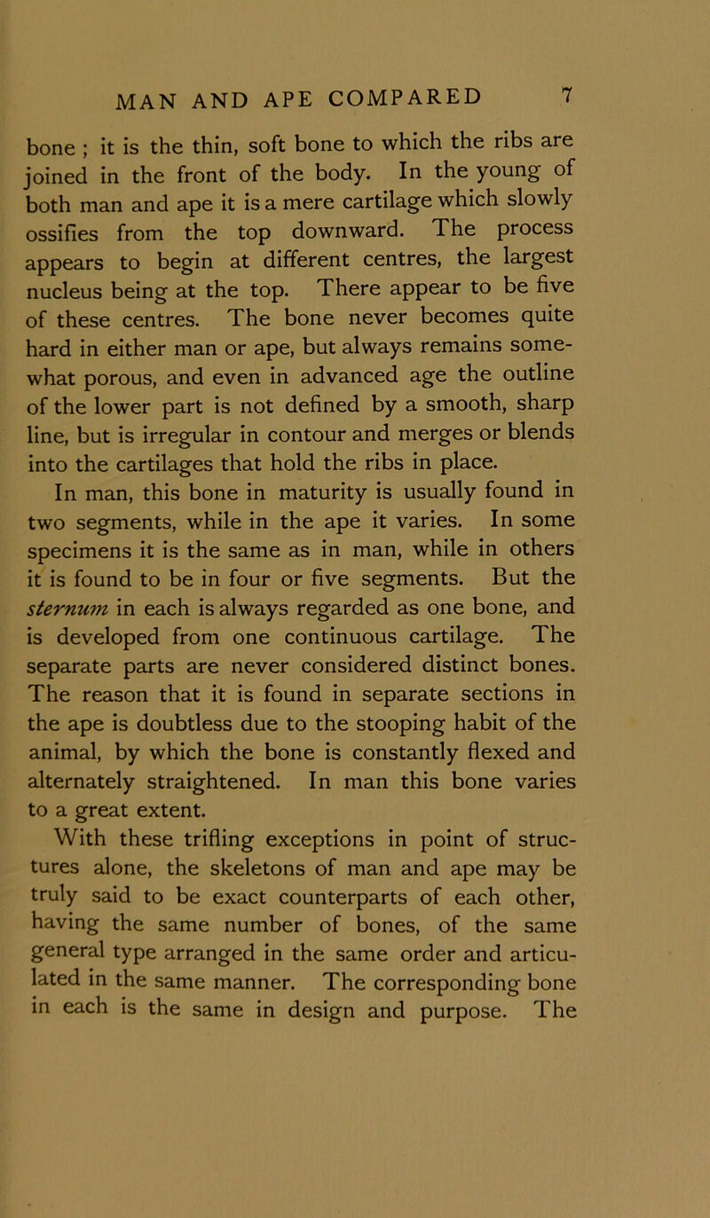 bone ; it is the thin, soft bone to which the ribs are joined in the front of the body. In the young of both man and ape it is a mere cartilage which slowly ossifies from the top downward. The process appears to begin at different centres, the largest nucleus being at the top. There appear to be five of these centres. The bone never becomes quite hard in either man or ape, but always remains some- what porous, and even in advanced age the outline of the lower part is not defined by a smooth, sharp line, but is irregular in contour and merges or blends into the cartilages that hold the ribs in place. In man, this bone in maturity is usually found in two segments, while in the ape it varies. In some specimens it is the same as in man, while in others it is found to be in four or five segments. But the sternum in each is always regarded as one bone, and is developed from one continuous cartilage. The separate parts are never considered distinct bones. The reason that it is found in separate sections in the ape is doubtless due to the stooping habit of the animal, by which the bone is constantly flexed and alternately straightened. In man this bone varies to a great extent. With these trifling exceptions in point of struc- tures alone, the skeletons of man and ape may be truly said to be exact counterparts of each other, having the same number of bones, of the same general type arranged in the same order and articu- lated in the same manner. The corresponding bone in each is the same in design and purpose. The