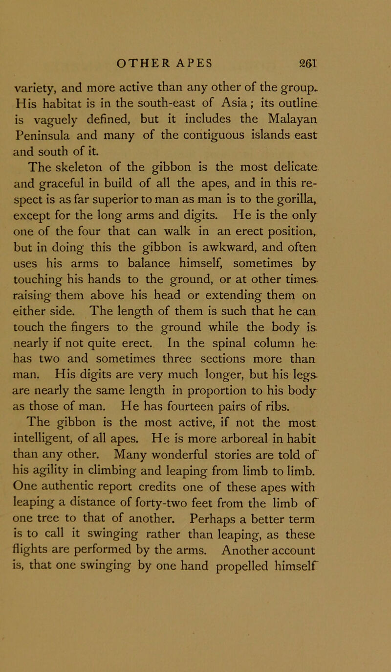 variety, and more active than any other of the group. His habitat is in the south-east of Asia; its outline is vaguely defined, but it includes the Malayan Peninsula and many of the contiguous islands east and south of it. The skeleton of the gibbon is the most delicate and graceful in build of all the apes, and in this re- spect is as far superior to man as man is to the gorilla, except for the long arms and digits. He is the only one of the four that can walk in an erect position, but in doing this the gibbon is awkward, and often uses his arms to balance himself, sometimes by touching his hands to the ground, or at other times- raising them above his head or extending them on either side. The length of them is such that he can touch the fingers to the ground while the body is nearly if not quite erect. In the spinal column he has two and sometimes three sections more than man. His digits are very much longer, but his legs- are nearly the same length in proportion to his bod)r as those of man. He has fourteen pairs of ribs. The gibbon is the most active, if not the most intelligent, of all apes. He is more arboreal in habit than any other. Many wonderful stories are told of his agility in climbing and leaping from limb to limb. One authentic report credits one of these apes with leaping a distance of forty-two feet from the limb of one tree to that of another. Perhaps a better term is to call it swinging rather than leaping, as these flights are performed by the arms. Another account is, that one swinging by one hand propelled himself