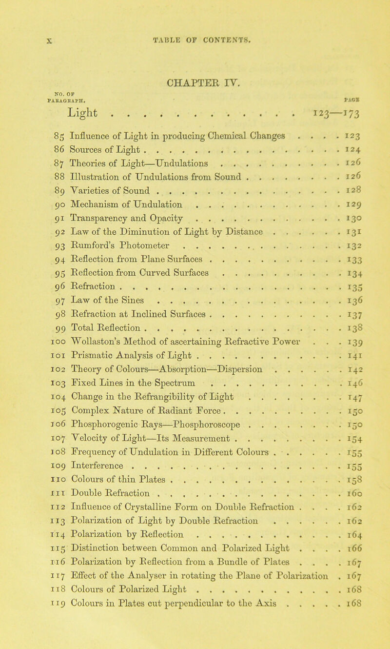 CHAPTER IV. NO. OP PABAOBAPn. PACE Light 123—173 85 Influence of Light in producing Chemical Changes . . . .123 86 Sources of Light 124 87 Theories of Light—Undulations 126 88 Illustration of Undulations from Sound 126 89 Varieties of Sound 128 90 Mechanism of Undulation 129 91 Transparency and Opacity 130 92 Law of the Diminution of Light by Distance 131 93 Rum ford’s Photometer 132 94 Reflection from Plane Surfaces 133 95 Reflection from Curved Surfaces 134 96 Refraction 135 97 Law of the Sines 136 98 Refraction at Inclined Surfaces 137 99 Total Reflection 138 100 Wollaston’s Method of ascertaining Refractive Power . . .139 101 Prismatic Analysis of Light 141 102 Theory of Colours—Absorption—Dispersion 142 103 Fixed Lines in the Spectrum 146 104 Change in the Refrangibility of Light 147 105 Complex Nature of Radiant Force 150 106 Phosphorogenic Rays—Phosphoroscope 150 107 Velocity of Light—Its Measurement 154 108 Frequency of Undulation in Difierent Colours 155 109 Interference 155 no Colours of thin Plates 158 111 Double Refraction 160 112 Influence of Crystalline Form on Double Refraction . . . .162 113 Polarization of Light by Double Refr'action 162 T14 Polarization by Reflection 164 115 Distinction between Common and Polai’ized Light . . . . t66 116 Polarization by Reflection from a Bundle of Plates . . . .167 117 Bfiect of the Analyser in rotating the Plane of Polarization . 167 118 Colours of Polarized Light 168 119 Colours in Plates cut perpendicular to the Axis 168