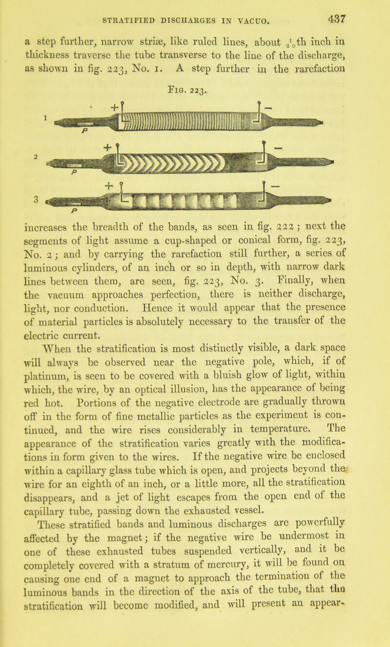 STRATIFIED DISCHARGES IN VACUO. a step further, narrow striie, like ruled lines, about a’gth inch in thickness traverse the tube transverse to the line of the discharge, as shown in fig. 223, No. i. A step further in the rarefaction Fig. 223. 3 increases the breadth of the bands, as seen in fig. 232 ; next the segments of light assume a cup-shaped or conical form, fig. 223, No. 2; and by cariying the rarefaction still further, a series of luminous cylinders, of an inch or so in depth, with narrow dark lines between them, are seen, fig. 323, No. 3. Finally, when the vacuum approaches perfection, there is neither discharge, light, nor conduction. Hence it would appear that the presence of material particles is absolutely necessary to the transfer of the electric current. When the stratification is most distinctly visible, a dark space will always be observed near the negative pole, which, if of platinum, is seen to be covered with a bluish glow of light, within which, the wire, by an optical illusion, has the appearance of being red hot. Portions of the negative electrode are gradually thrown off in the form of fine metallic particles as the experiment is con- tinued, and the wire rises considerably in temperature. The appearance of the stratification varies greatly with the modifica- tions in form given to the wires. If the negative wire be enclosed within a capillary glass tube which is open, and projects beyond tha wire for an eighth of an inch, or a little more, all the stratification disappears, and a jet of light escapes from the open end of the capillary tube, passing down the exhausted vessel. These stratified bands and luminous discharges are powerfully affected by the magnet; if the negative wire be undermost in one of these exhausted tubes suspended vertically, and it be completely covered with a stratum of mercury, it will be found on causing one end of a magnet to approach the termination of the luminous bands in the direction of the axis of the tube, that tho stratification will become modified, and will present an appear-