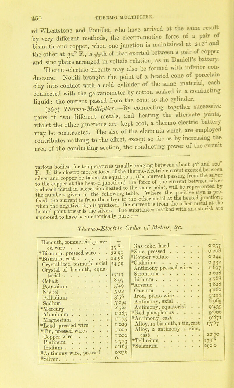 of Wheatstone and Pouillet, who have ai’rived at the same result by very different methods, the electro-motive force of a pam of bismuth and copper, when one junction is maintained at 212° and the other at 32° P., is ^th of that exerted between a pair^of copper and zinc plates arranged in voltaic relation, as in Daniell s battery. Thermo-electric circuits may also be formed with inferior con- ductors. Nobili brought the point of a heated cone of porcelain clay into contact with a cold cylinder of the same material, e^h connected with the galvanometer by cotton soaked in a conducting liquid: the current passed from the cone to the cylinder. (267) Thermo-Multiplier.—By connecting together successive pairs of two different metals, and heating the alternate joints, whilst the other junctions are kept cool, a thermo-electric battery may be constructed. The size of the elements which axe employed contributes nothing to the effect, except so far as by increasing the area of the conducting section, the conducting power of the circuit Tarious bodies, for temperatures usually ranging between about 40° and 100= F If the electro-motive force of the thermo-electric current excited between silver and copper be taken as equal to i, (the current passing from the silver to the copper at the heated junction,) the force of the current between sdver and each metal in succession heated to the same pomt, wiU be represented y the numbers given in the following table. Wliere the positive sign is pre- fixed, the current is from the silver to the other metal at the heated janchon ; when the negative sign is prefixed, the current is from the other metal at the heated point towards the silver. The substances marked with an asterisk are supposed to have been chemically pure :— Thermo-Electric Ordei' of Metals, S^c. Bismuth, commercial,press- + ed wire 35-81 ♦Bismuth, pressed wire . . 32-91 ♦Bismuth, cast 2496 Crystallized bismuth, axial 24-59 Crystal of bismuth, equa- torial 17-17 Cobalt 8-97 Potassium 5-49 H ickel 5-02 Palladium 3-56 Sodium 3-094 ♦Mercury 2-524 Aluminum 1-283 Magnesium I-I75 ♦Lead, pressed wire . ■ • 1-029 ♦Tin, pressed wire.... 1-000 Copper wire I'OOO Platinum 0-723 Iridium 0-163 ♦Antimony wire, pressed 0036 Gas coke, hard Antimony pressed wires Strontium .... Lithium Calcium .... Iron, piano wire . . Antimony, axial . . Antimony, equatorial ''lied phosphorus . . *Antimouy, cast . . Alloy, 12 bismuth, i tin, cast Alloy, 2 antimony, i zinc, cast ♦Tellurium .... ♦Selenium .... 0057 O'208 0-244 0- 332 1- 897 2'028 3-768 3- 828 4- 260 5- 218 6- 965 9'435 9'6oo 9-871 13-67 22-70 179-8 290 o